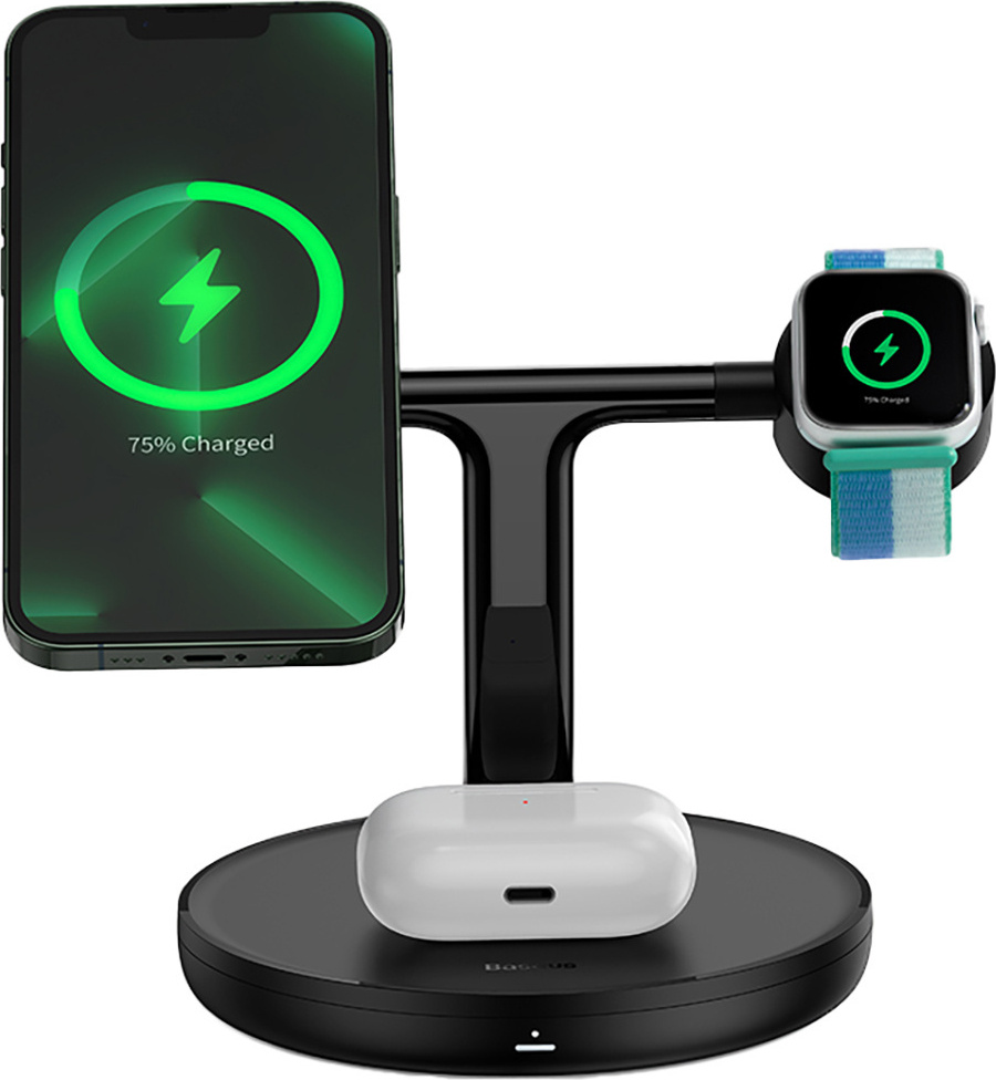 Baseus Swan indukčná nabíjačka (kompatibilná s MagSafe) stojan pre iPhone, Apple Watch, AirPods + USB-C kábel 1 m čierny (WXTE000101)