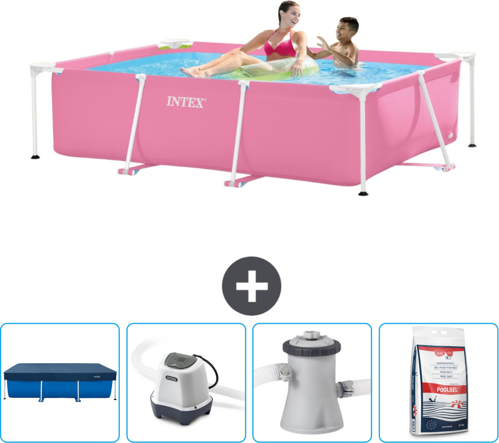 Bazén Intex s obdĺžnikovým rámom - 220 x 150 x 60 cm - ružový - vrátane krytu - systém so slanou vodou - filtračné čerpadlo pre bazén - bazénová soľ