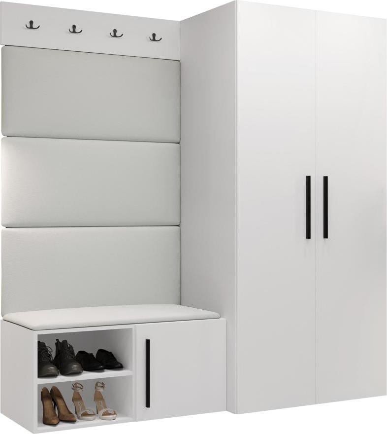 MIRJAN24 Garderoben-Set Medi I, Schuhschrank, Kleiderhakenbrett, 4x Paneel 84x42, 4 Kleiderhaken (Farbe: Weiß, Soft 017)