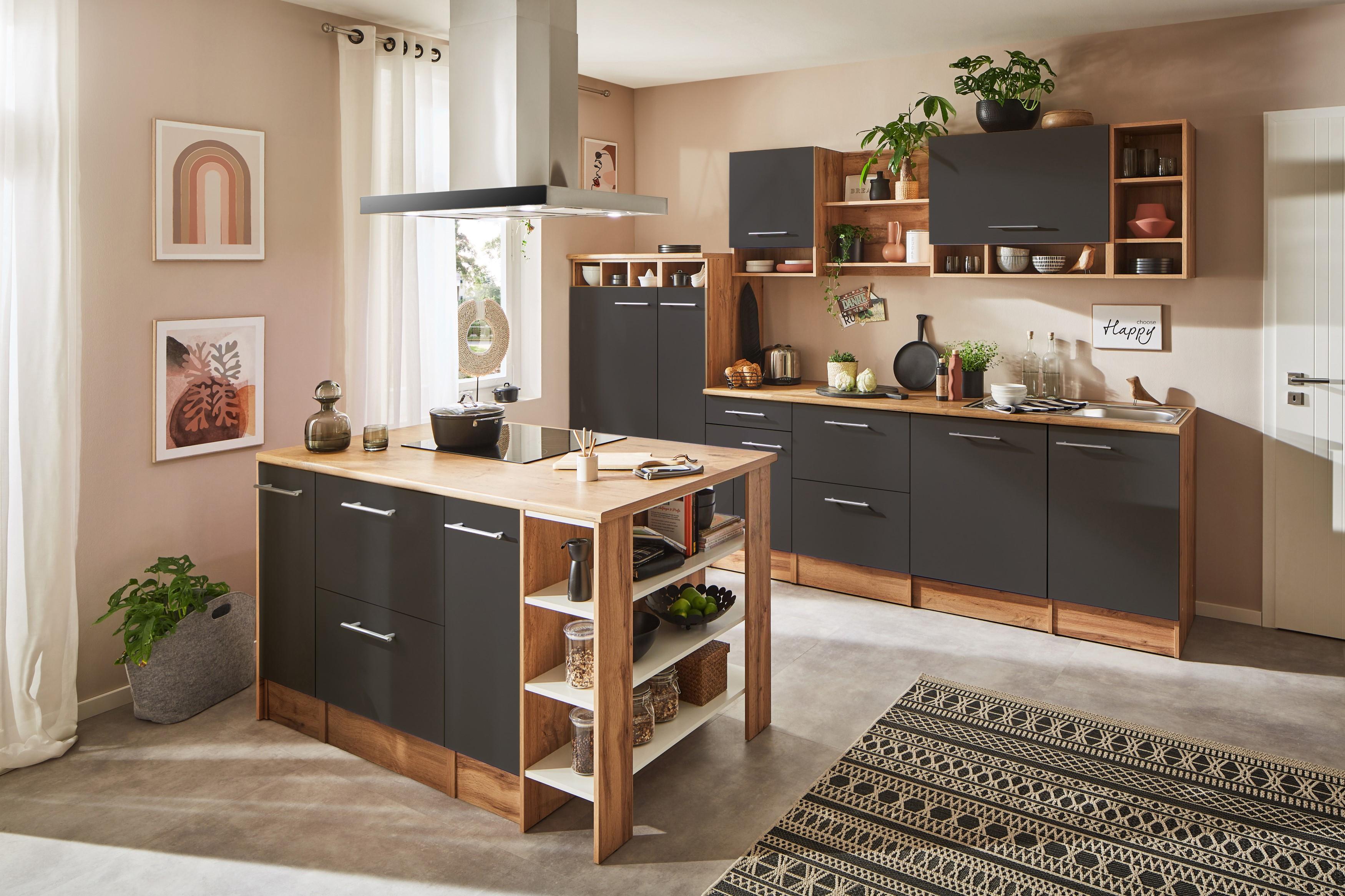 Küche Küchenzeile Inselküche Einbauküche Eiche Grau Hilde 310 cm Respekta