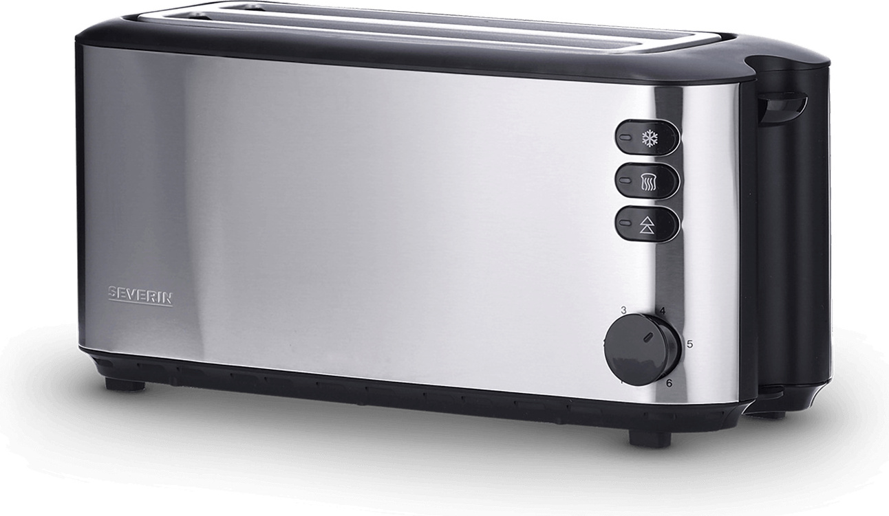 Toaster Langschlitz 4-Scheiben SEVERIN AT 2509 Automatik Röstaufsatz integriert AT 2509 aus Edelstahl, gebürstetschwarzsilber Toaster Toaster Langschlitz Toaster Schwarz Toaster Edelstahl Toaster Mit Brötchenaufsatz 2509000