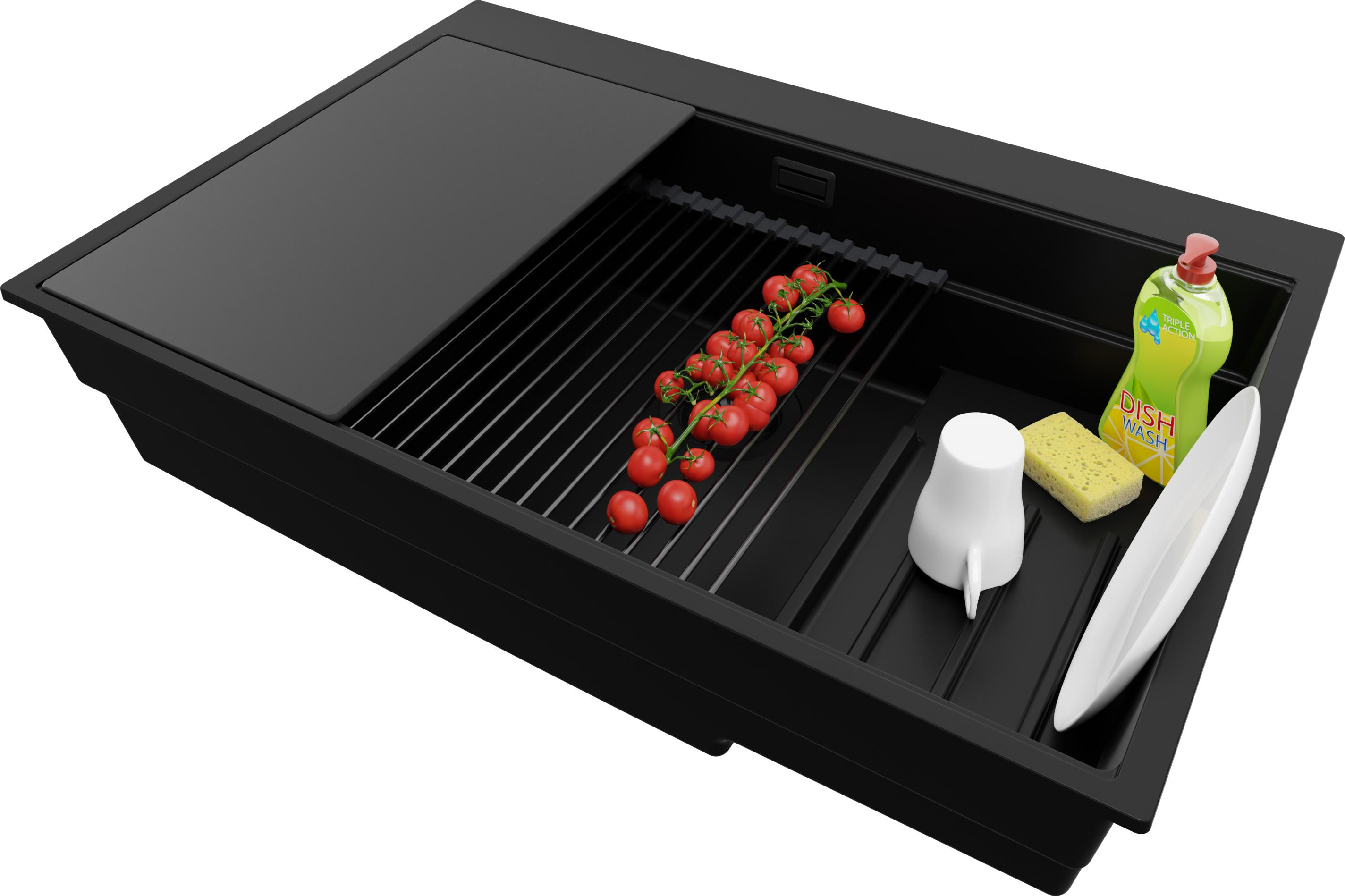 PRIMAGRAN Spülbecken Alles Schwarz 78x53cm, Granitspüle 1 Becken + Ablauf-Set + Küchenzubehörset, Küchenspüle ab 80er Unterschrank - Oslo Max