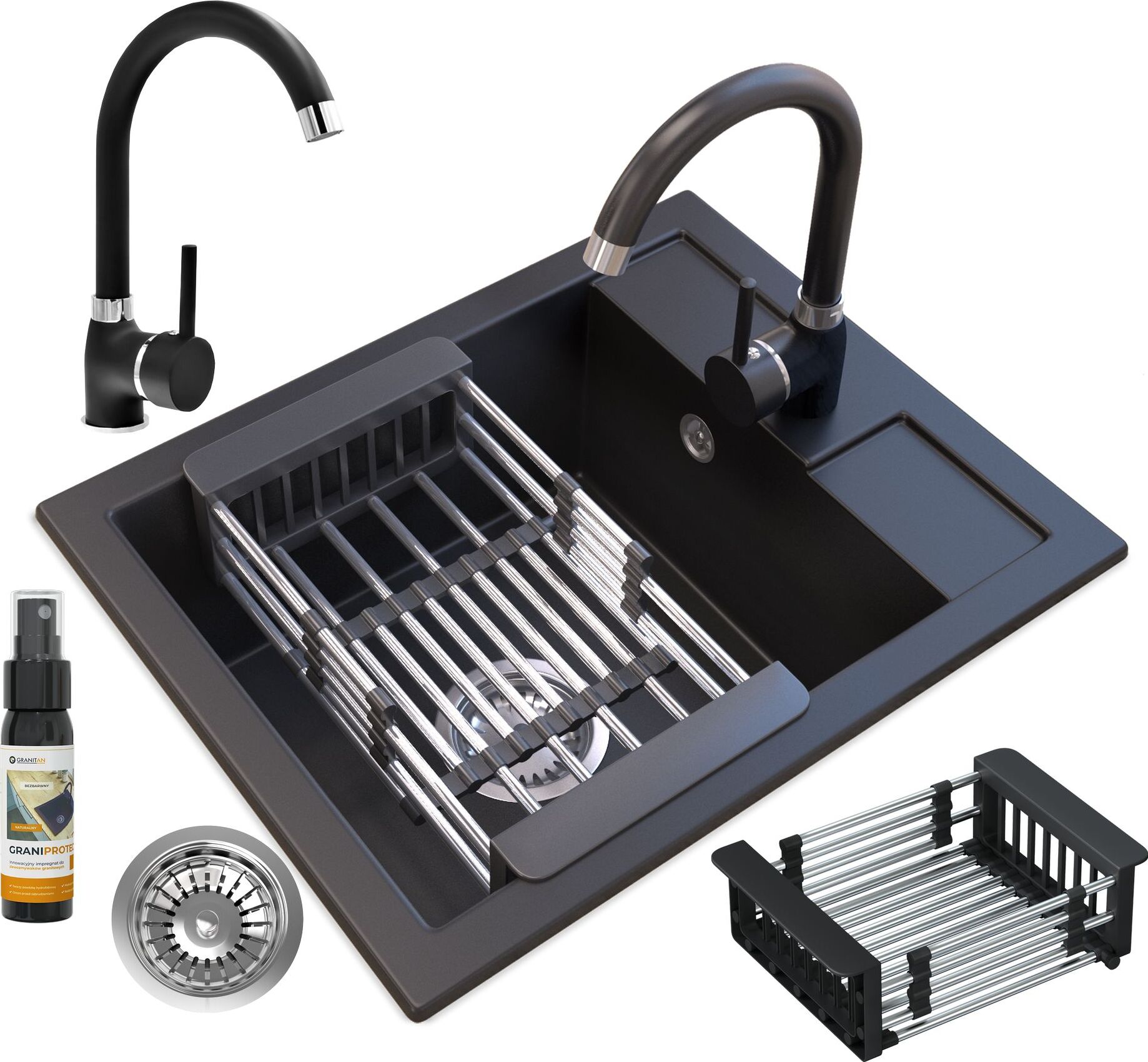 Granitan | Granitspüle BEST - Schwarz - Einbau mit Chrom-Siphon - Inklusive Zubehör und Pflegeprodukt