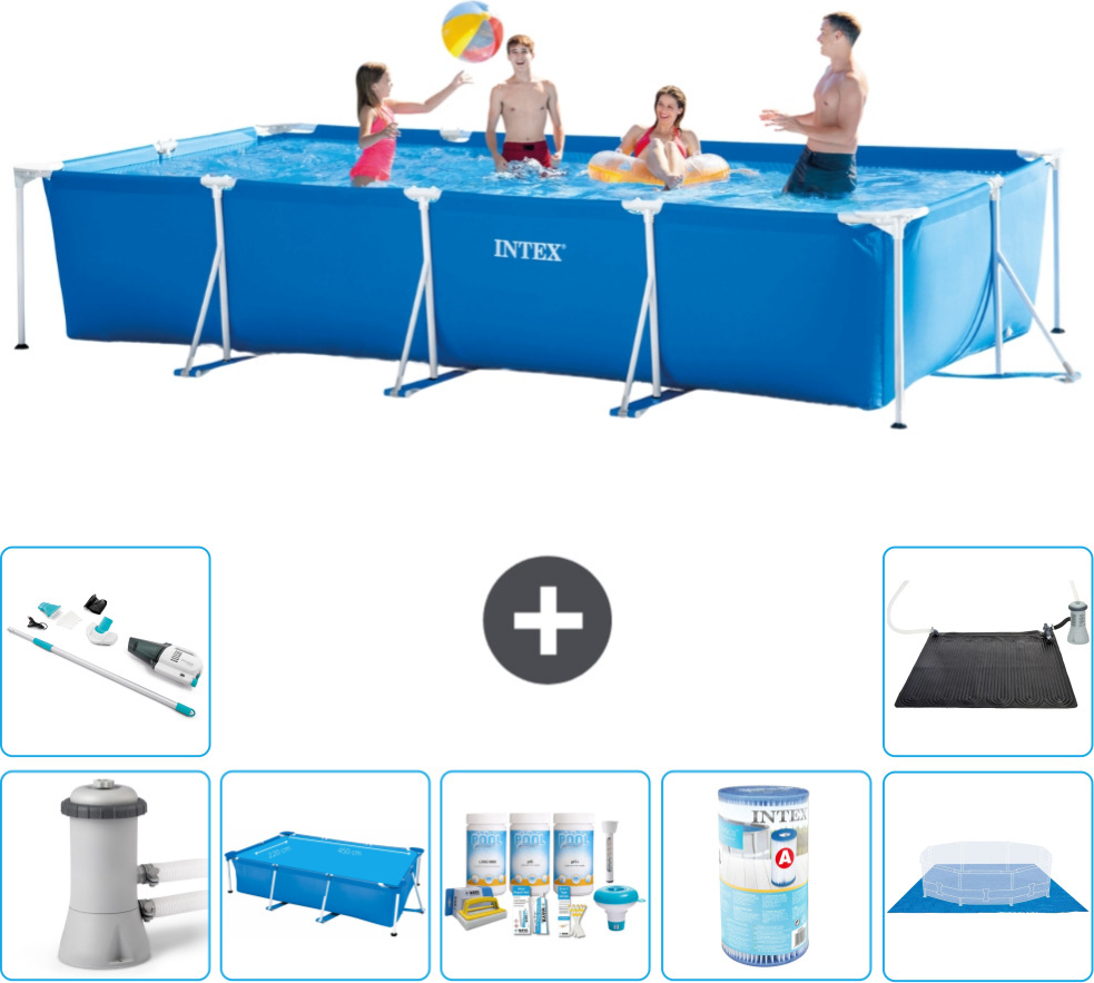 Bazén Intex s obdĺžnikovým rámom - 450 x 220 x 84 cm - modrý - vrátane čerpadla - markízy - balíka na údržbu - filtra - krycej plachty - vysávača - solárnej podložky