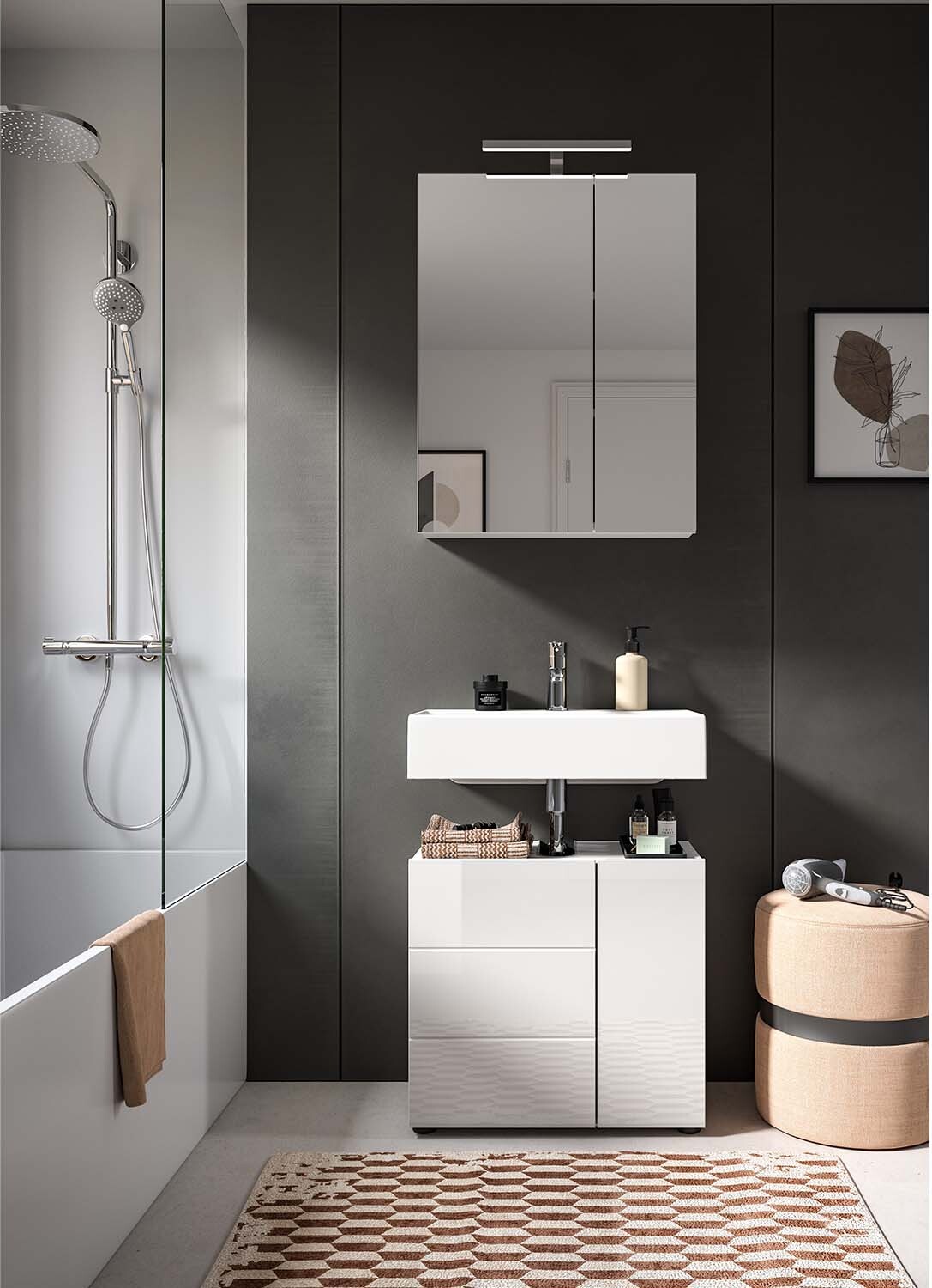 Xonox Vira 2 Badkombination Weiß / Weiß Hochglanz, LED-Beleuchtung:mit LED-Beleuchtung X2LA9B12