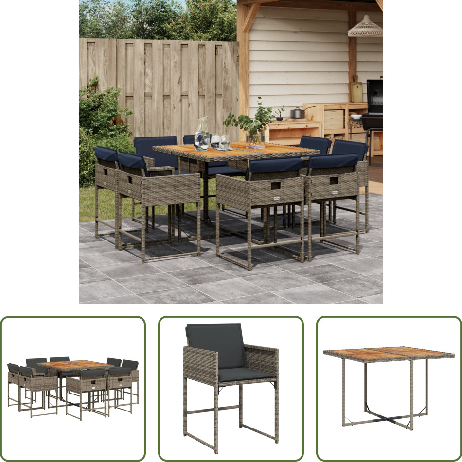 The Living Store 9-dielny záhradný jedálenský set s vankúšmi sivý polyratan