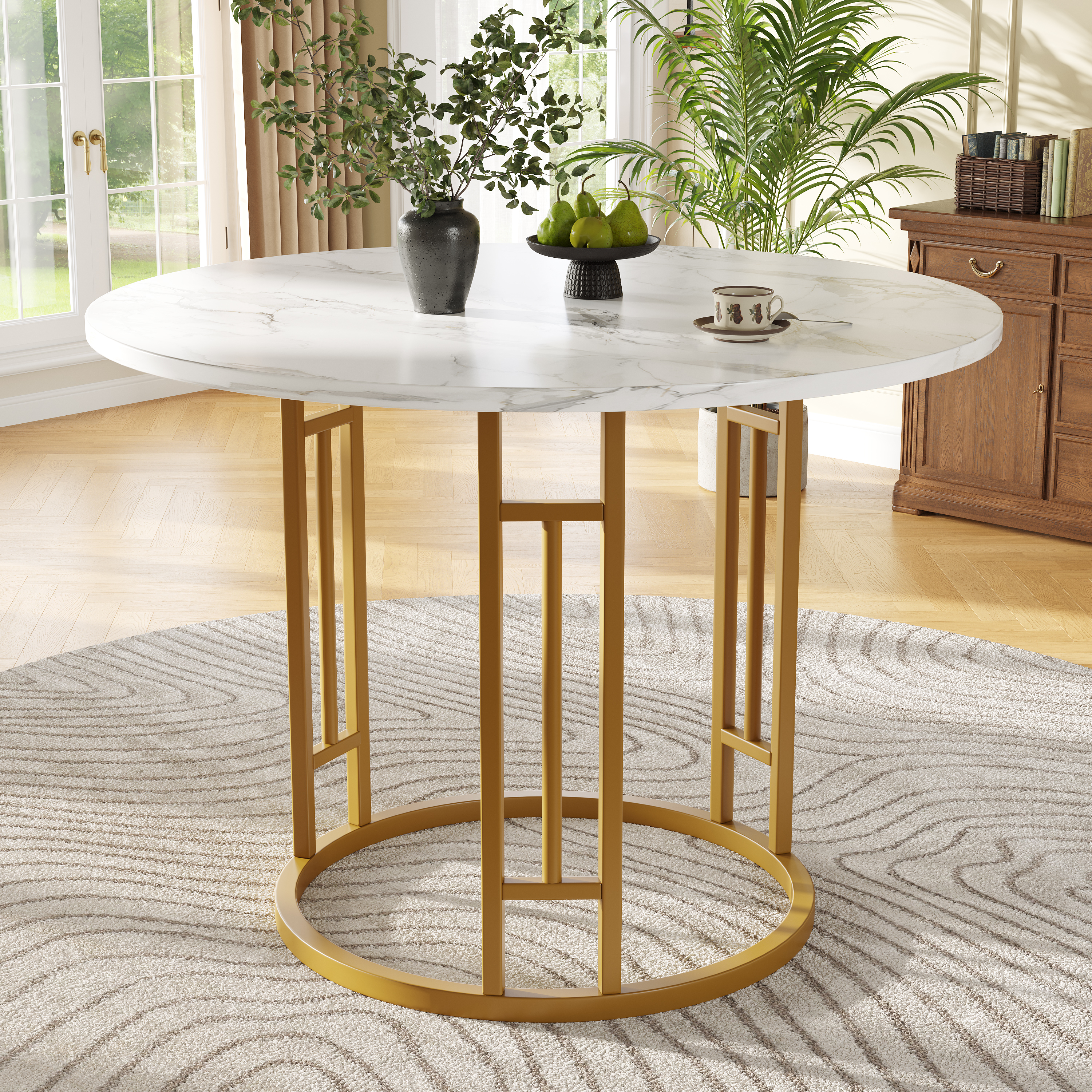 Flieks Rundtisch Esstisch 80x80x76 cm, Küchentisch mit marmorierte Tischplatte, stilvolle goldene Tischbeine aus Metall, Couchtisch für Esszimmer