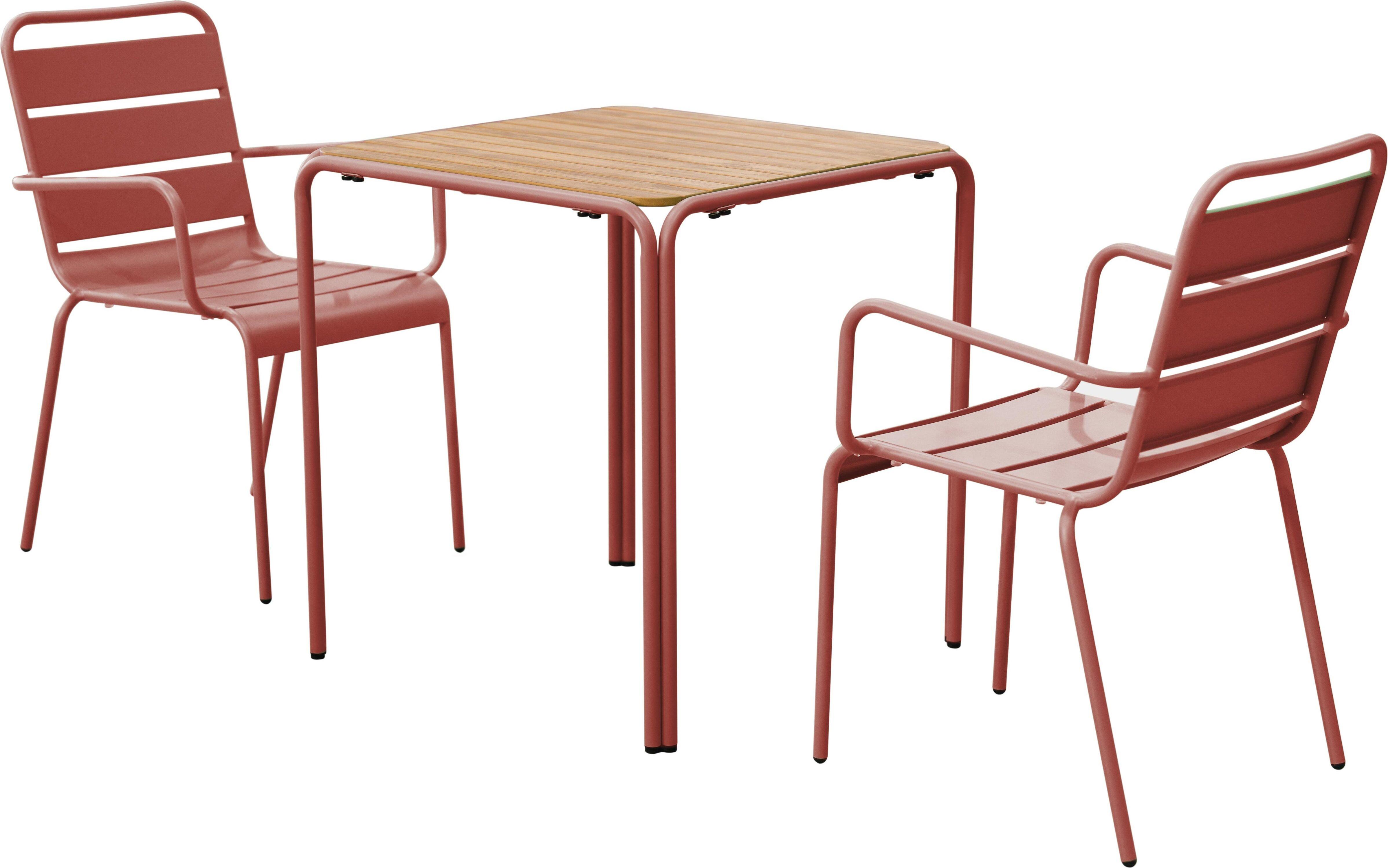 Gartentisch aus Metall und Polywood, 70 cm, und 2 Stühle in Lehmfarbe - Oviala Roussillon 115204