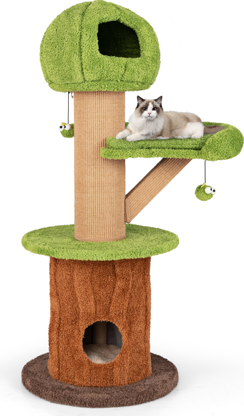 COSTWAY Kratzbaum 148cm, Katzenbaum mit Katzenhöhle, Katzenhaus, Baumform, Liegefläche, Ball, Sisal-Teppich, Katzenturm Kletterbaum, Braun Grün