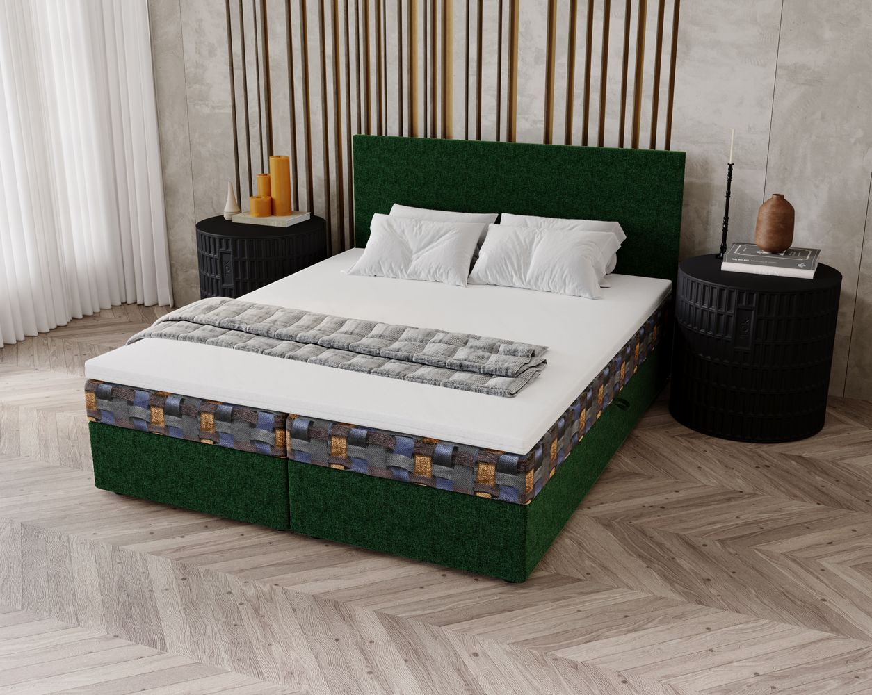 Čalúnená posteľ 180x200 OTILIE 3 s úložným priestorom - zelená + vzor