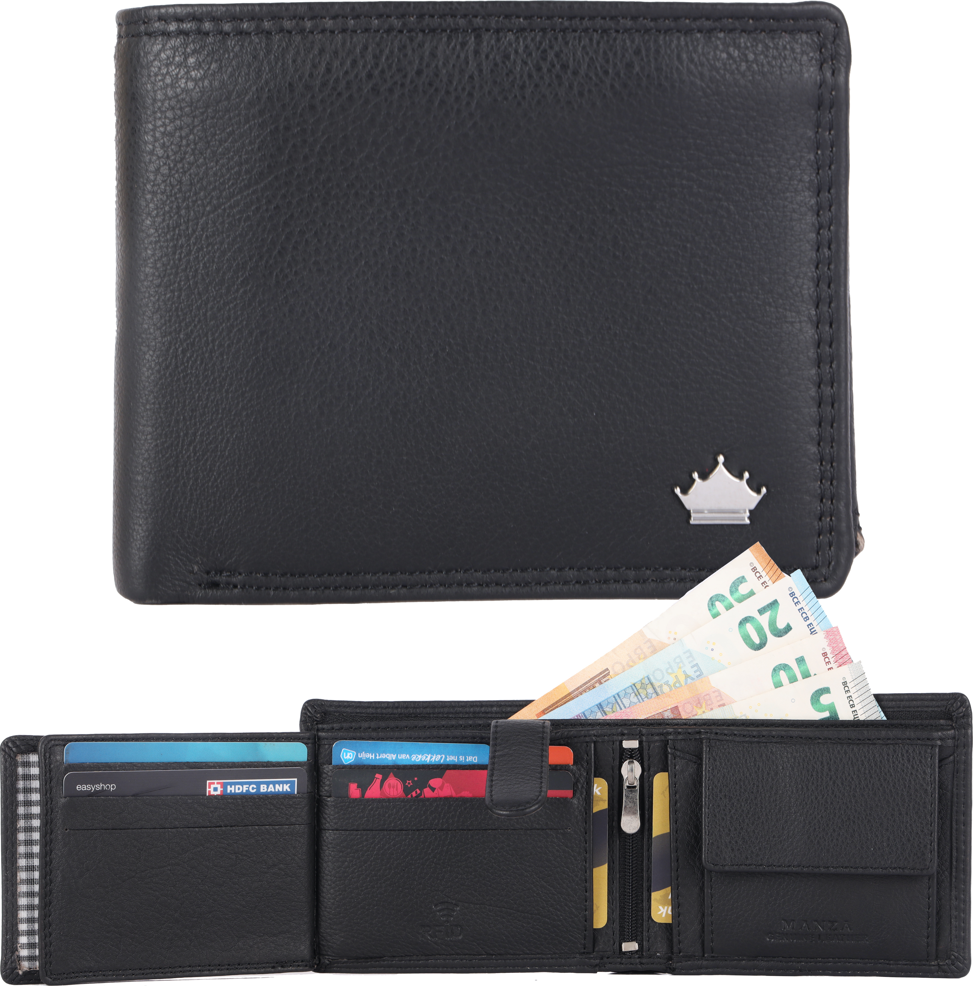 Herren-Geldbörse aus echtem Leder – Mit Reißverschlussfach im Scheinfach, RFID-Schutz und edlem Design von MANZA® MANZ-1012