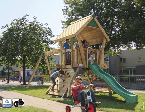 Spielhaus mit Stelzen Q2S Douglasie HY-Land 880 x 310 cm Holz Grundturm, Rutsche, 2 Brettschaukeln, Schaukel, Kletterwand, Kletternetz, Klettersteine