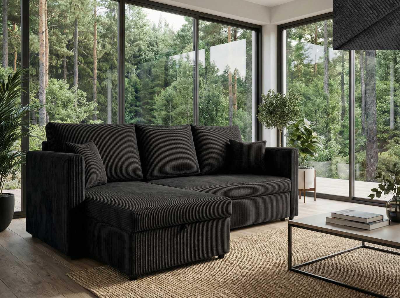 Ecksofa PISA Nordelo 146×220×90 cm universell L/R, ausziehbar, Schlaffunktion 140×200, Bettkasten, Stoff Apollo Cord 14 SCHWARZ ECKSF-PISA-APLL-CORD-14