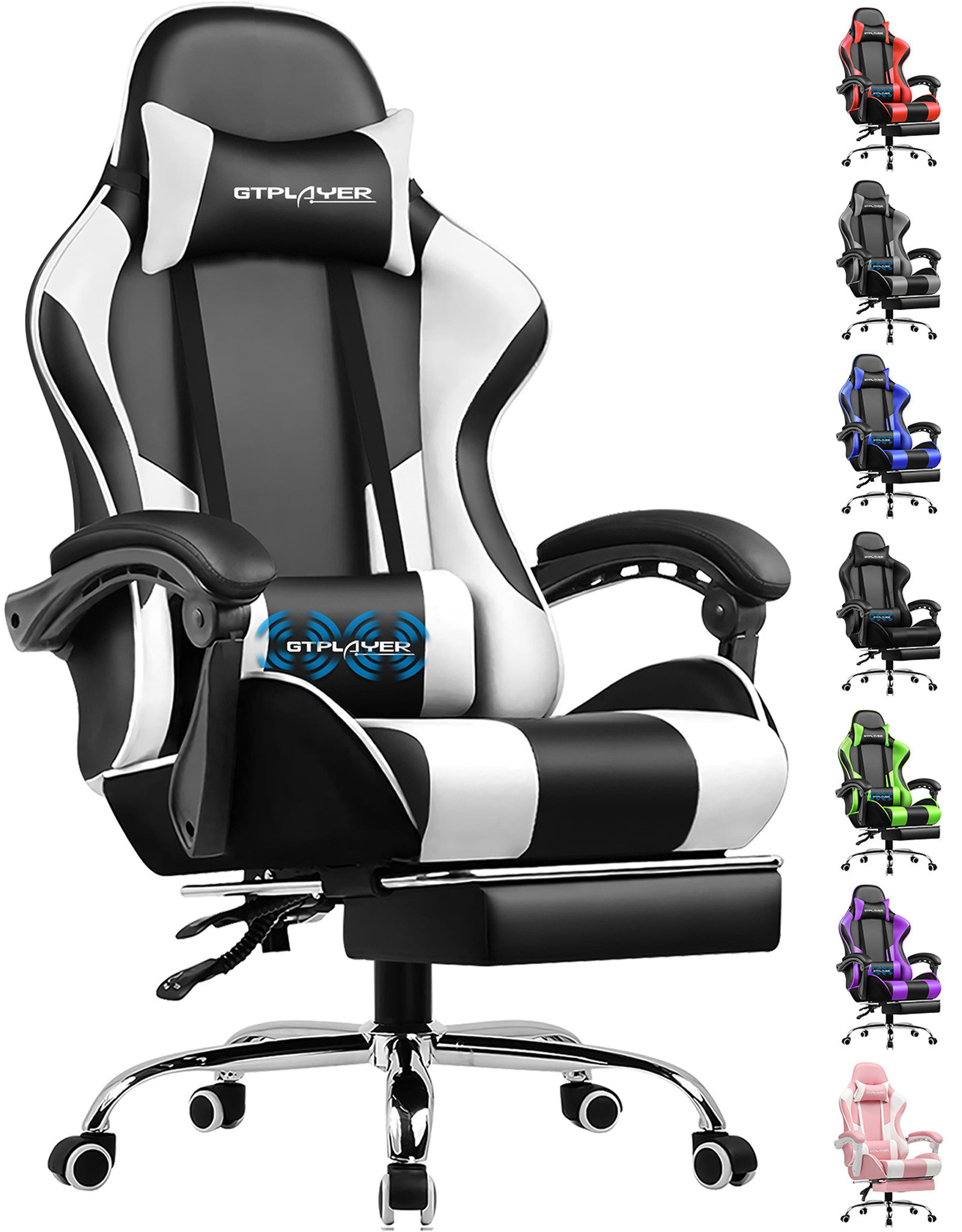 GTPLAYER Herné kreslo s opierkou na nohy a masážnym bedrovým vankúšom Kancelárske kreslo pre hráčov Ergonomické hráčske kreslo s pripojiteľnými podrúčkami s nosnosťou do 150 kg BIELA