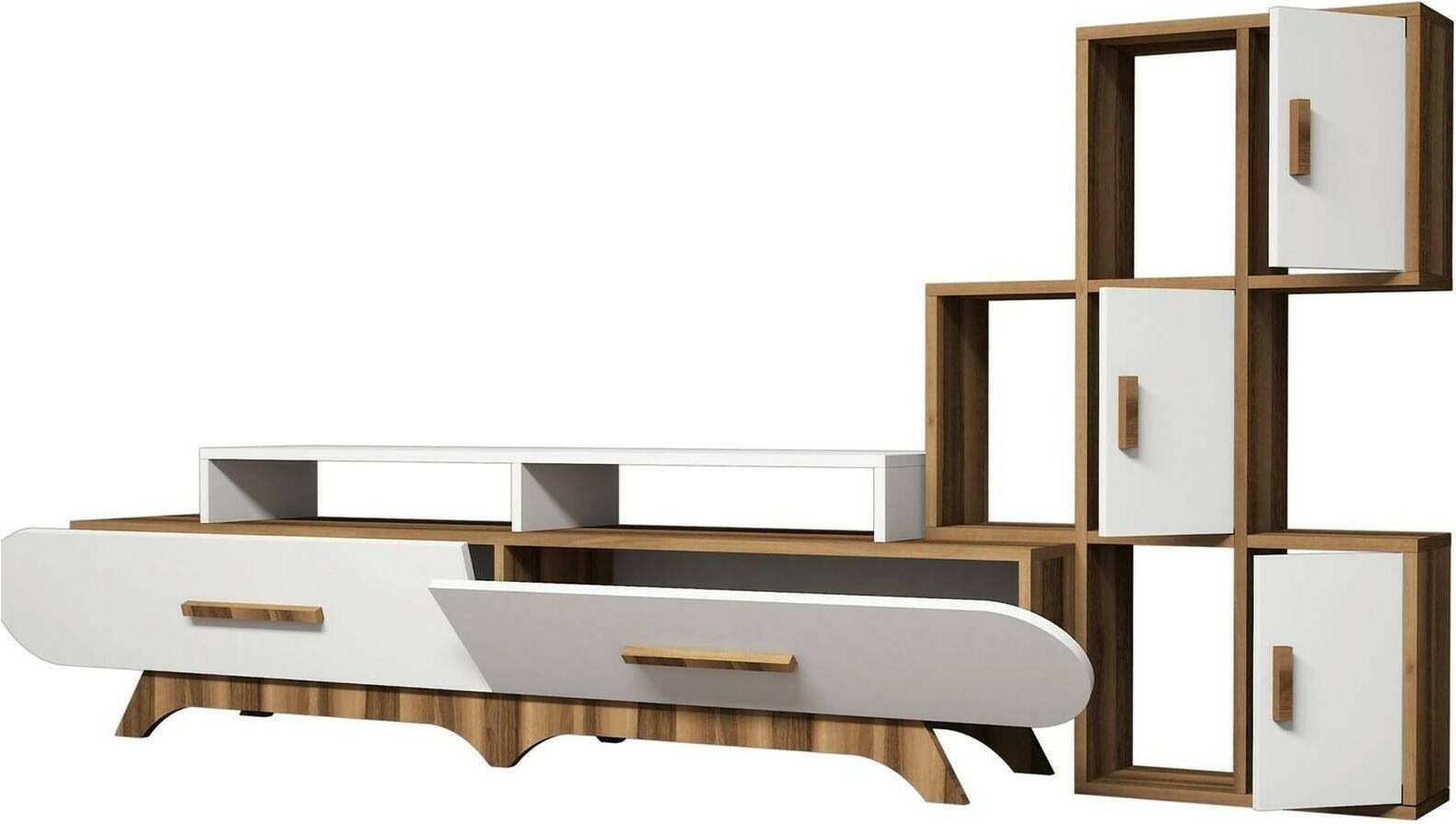 Dmora Wohnzimmermöbel Dporchi, Modulares Wohnzimmerset, Mehrzweck-Wohnzimmermöbel, Moderner TV-Schrank, 205x37h50 cm, Walnuss und Weiß