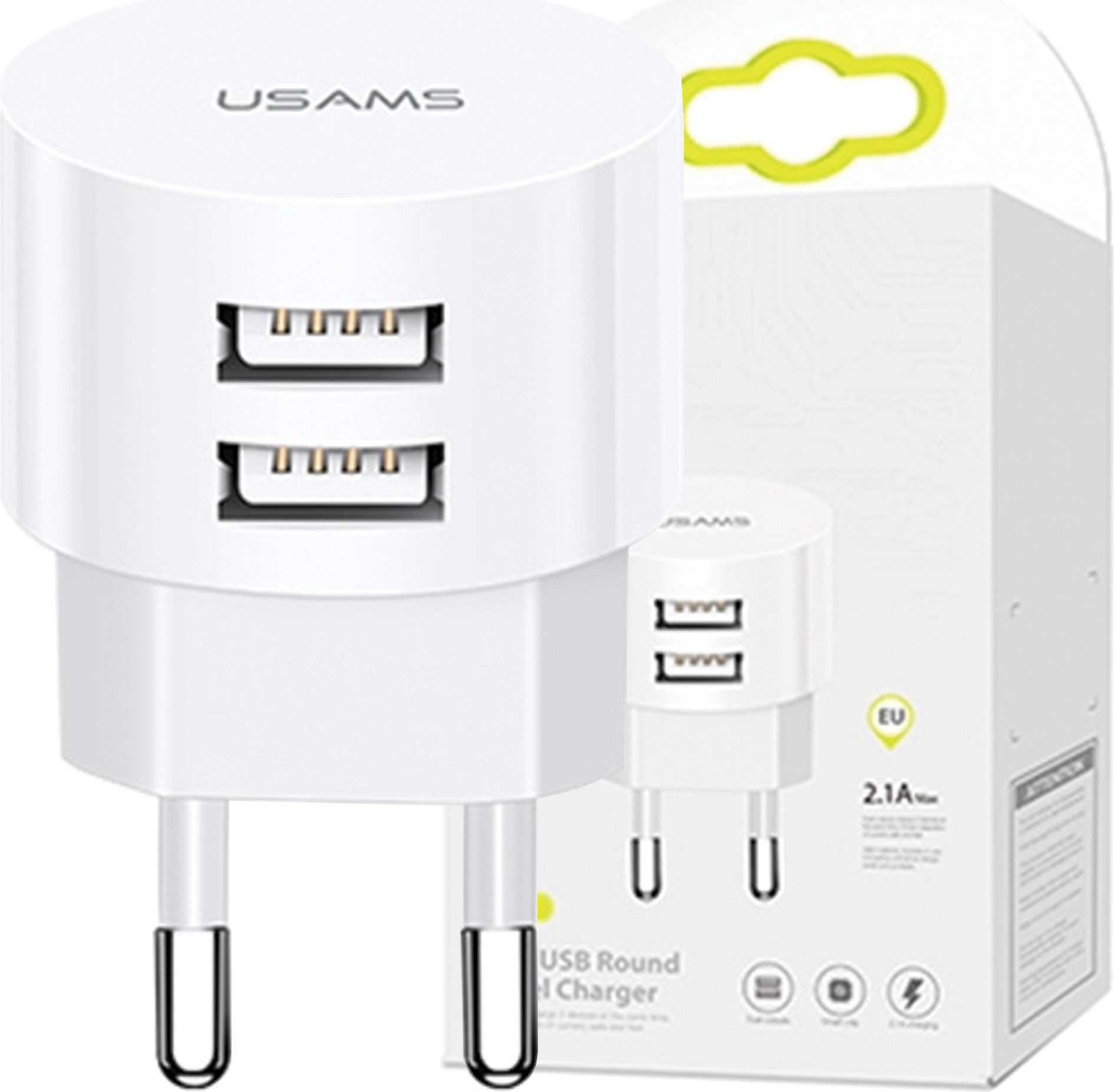 Usams Ład. Sieť. 2Xusb T20 2.1A Round (iba hlava) biela/biela Rýchle nabíjanie Cc80Tc01 (Us-Cc080)