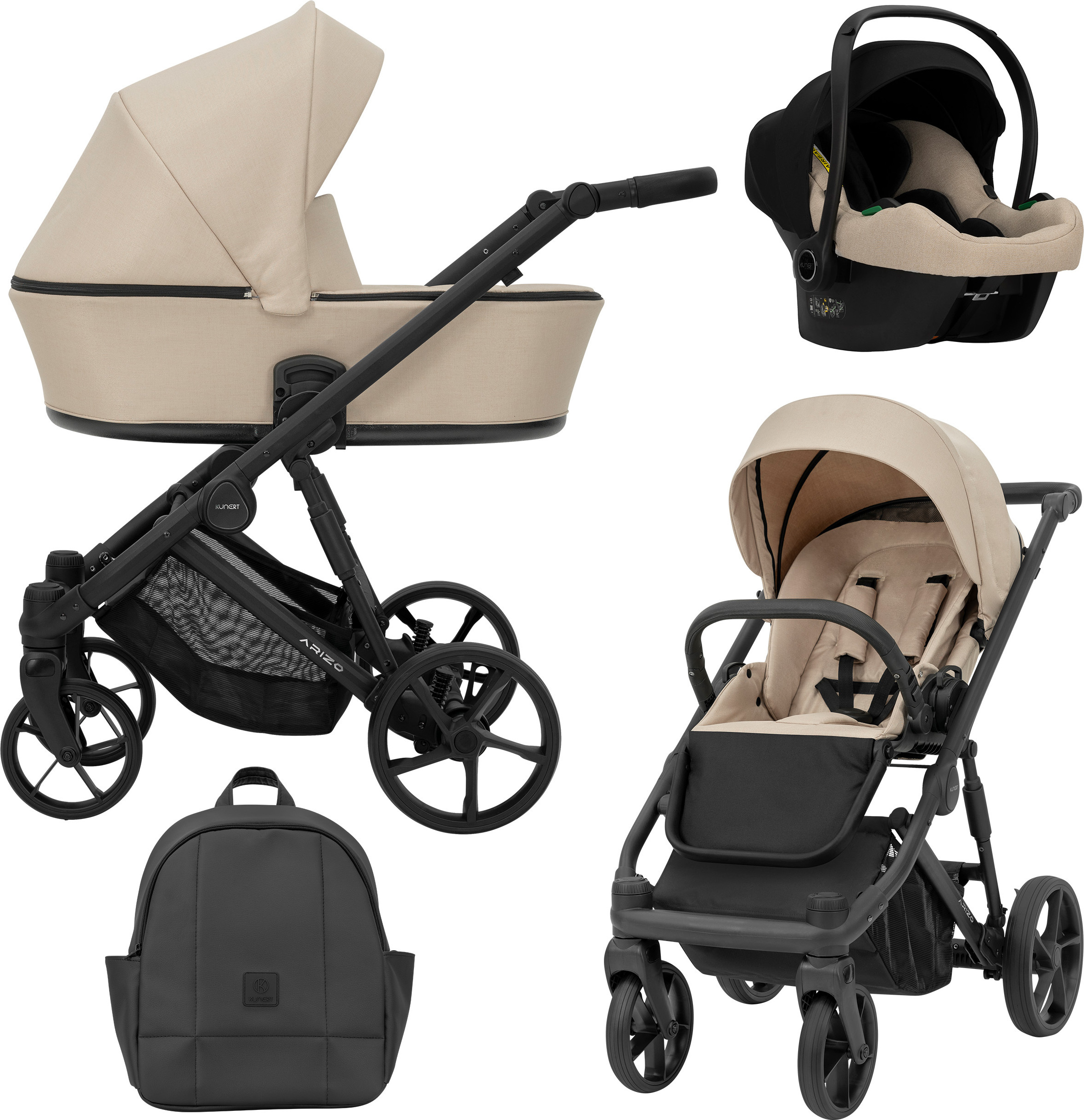 Kunert Kinderwagen ARIZO Sportwagen Babywagen Babyschale Komplettset Kinder Wagen Autositz Set 3 in 1 (Cream, Rahmenfarbe: Schwarz)