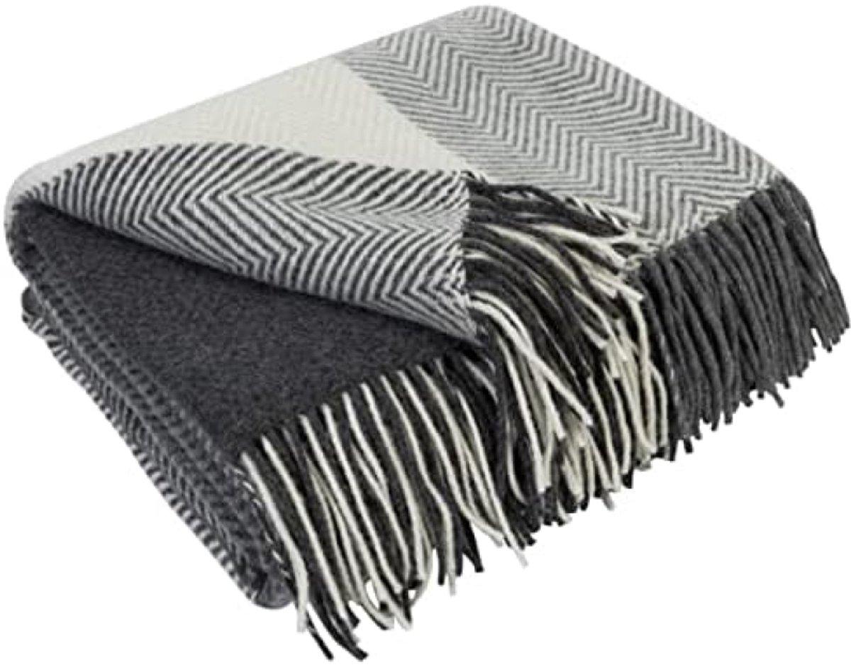 PolkaHome® Merino Wolldecke – weiche warme Wolle Plaid für Couch, Bett und Sofa – Große Schafwolldecke mit Chevron-Muster (140 x
