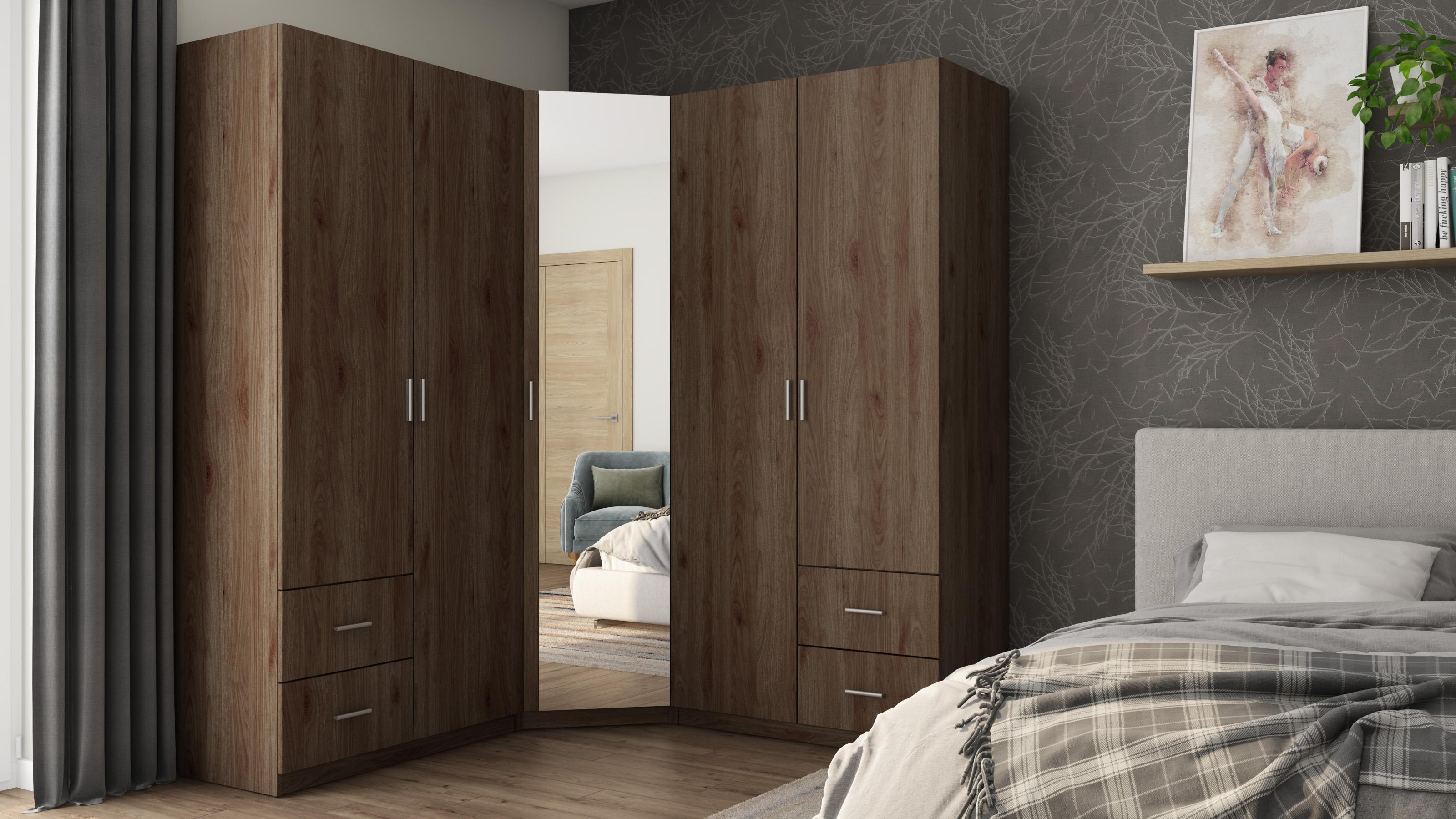 eMeblast Eckkleiderschrank 189/214 mit Spiegel – Nussbaum Okapi | Hochwertige Beschläge, 3 Kleiderstangen, 4 Schubladen, optimale Raumausnutzung