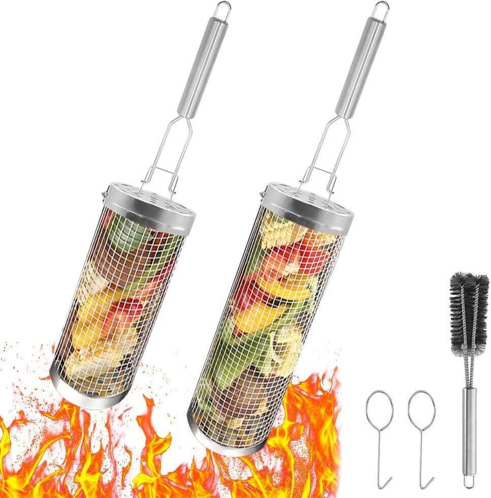 BundiGlassware Zylindrischer Grillkorb, 2 Stück Grillkorb Edelstahl, Grillkorb mit Abnehmbar Griff, Grillbürste, Rolling Grillkorb, Grillkorb Gemüse für Camping und Außengrill Gemüse Pommes Fleisch, 30cm+20cm AYA0909CJ322