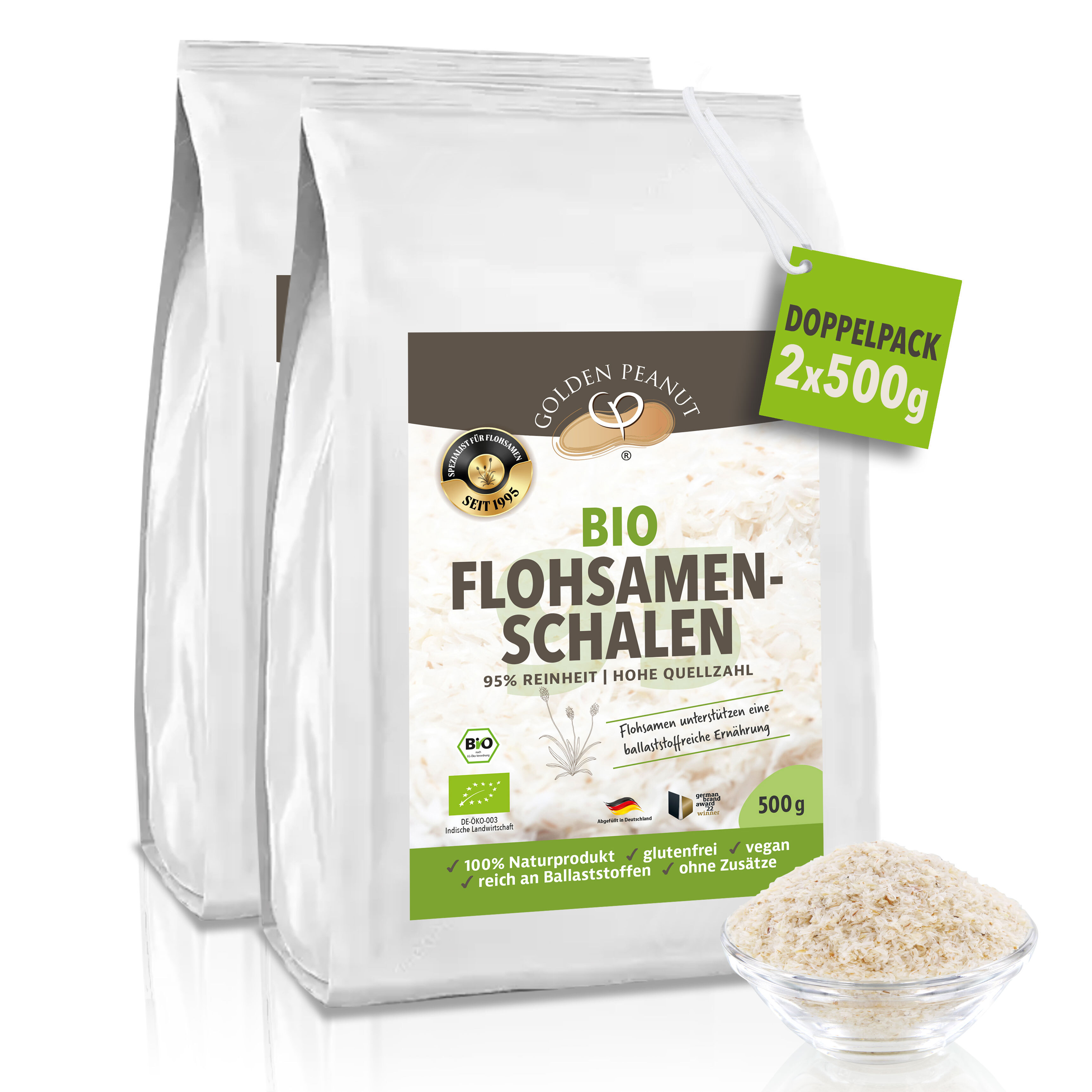 GOLDEN PEANUT Flohsamenschalen Bio 2x500 g, 95% Reinheit, Indien, ballaststoffreich, glutenfrei vegan, Naturprodukt 50052