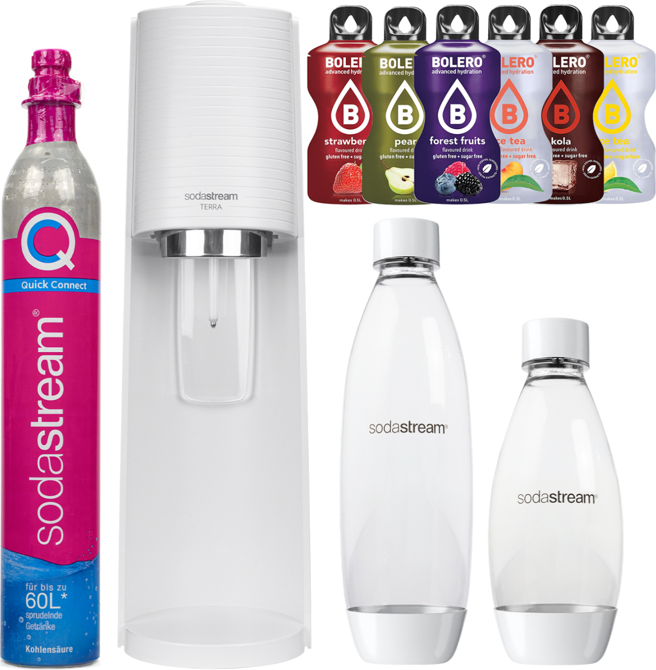 Výrobník perlivej vody SodaStream Terra White + 1 fľaša, biela, 1 l + 1 fľaša, biela, 0,5 l + Bolero