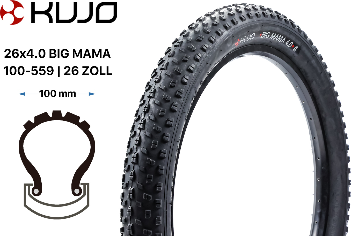 26 Zoll Fahrrad Reifen Kujo BIG MAMA 26x4.0 MTB Fatbike 100-559 Schwarz