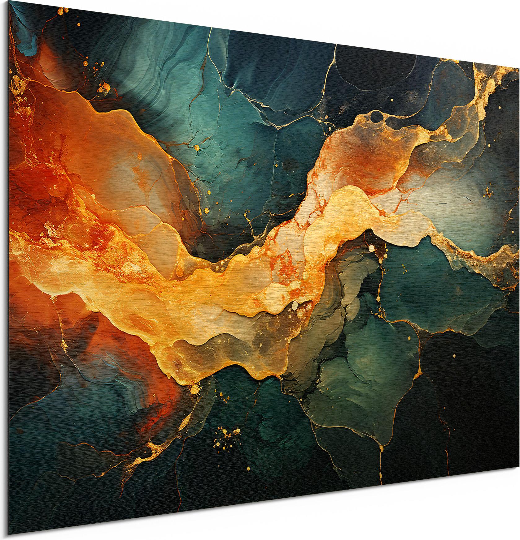 DEQORI Alu-Dibond Bild Gold 60x40 cm 'Magmatischer Glanz' Wandbild Metall dünn Design AD-60-40-G-5416-UV