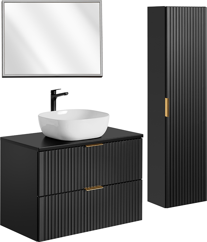 Petits-meubles Set aus Einzelwaschtisch 80cm LED Spiegel und Säule Adriel Schwarz
