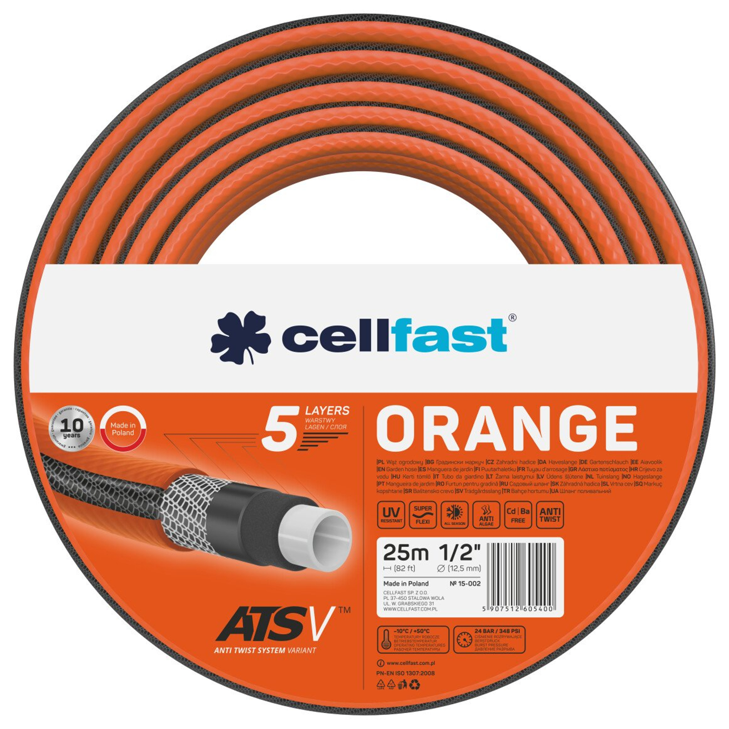 Cellfast Orange ATSV™ - Gartenschlauch (5-lagig, UV-beständig, 24 bar, Berstdruck de, 1/2", 50 m) 15-002