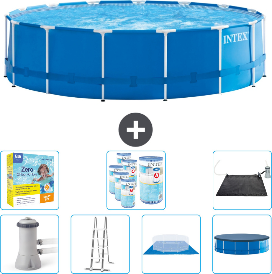 Bazén s okrúhlym rámom Intex - 457 x 122 cm - modrý - vrátane čerpadla - rebríka - krycej plachty - balenia na údržbu - filtra - solárnej podložky