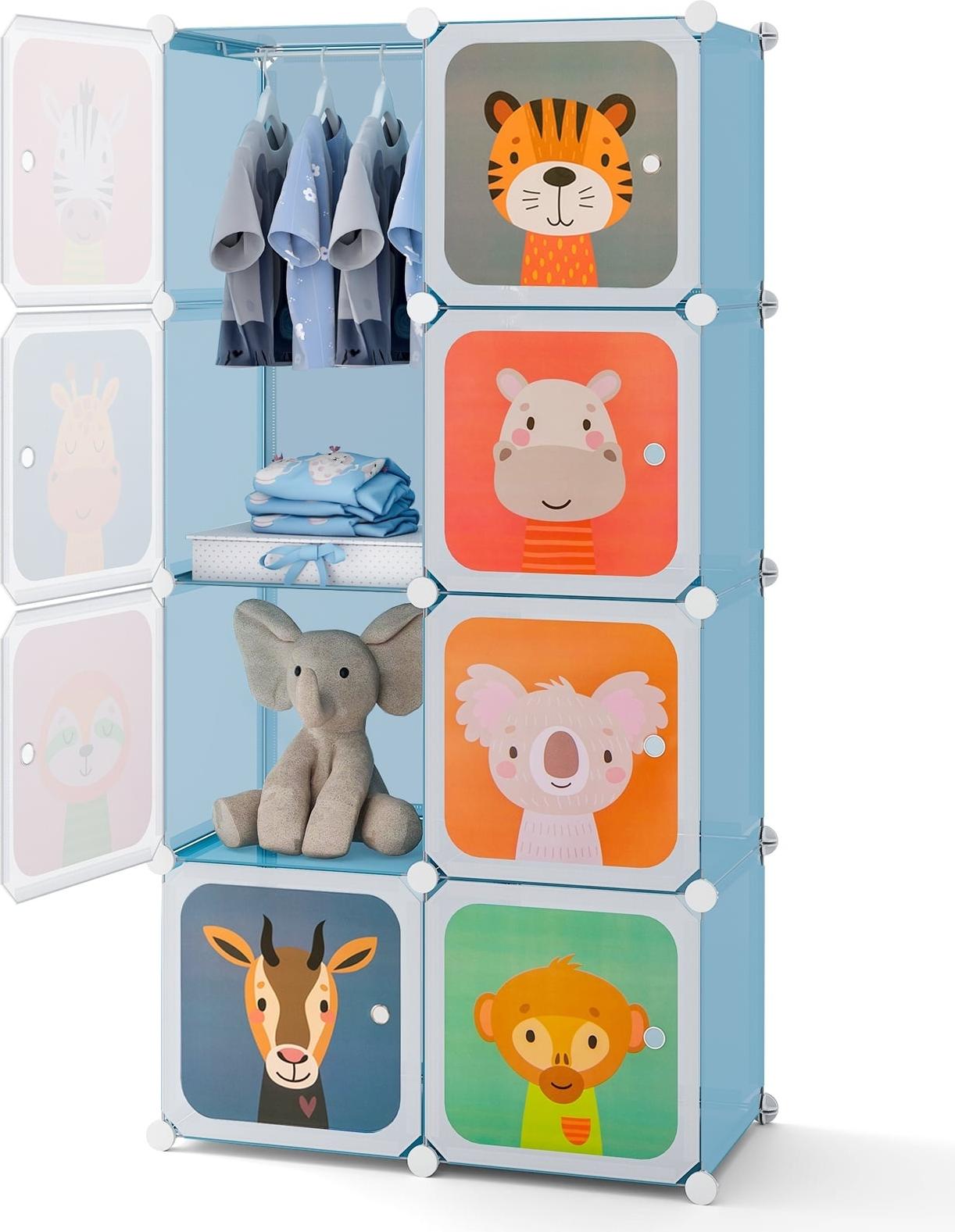 Northix Kinderkleiderschrank mit 8 Fächern und Kleiderstange, Blau
