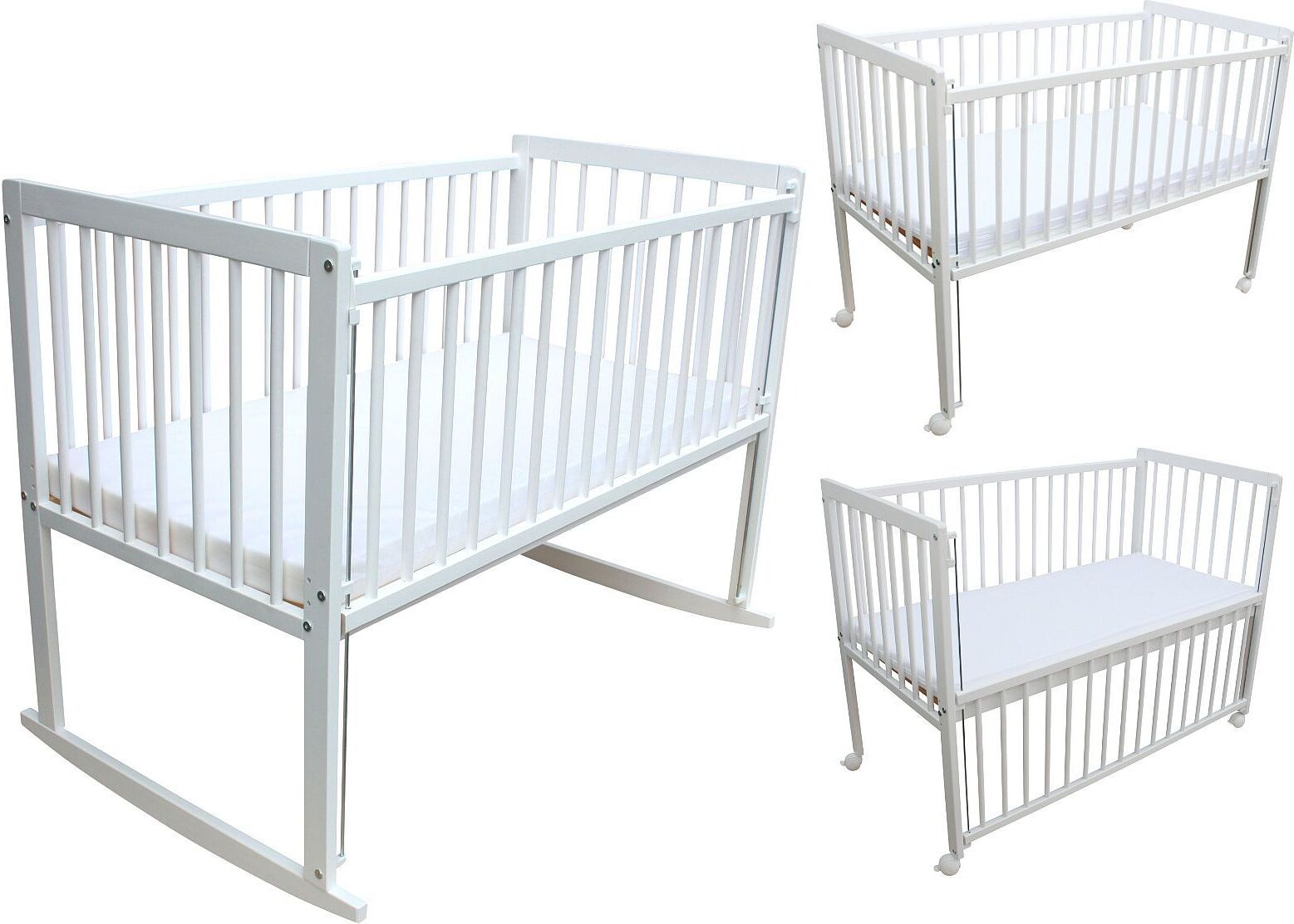 Micoland Kinderbett / Beistellbett / Wiege 3in1 120x60cm mit Matratze weiß 2968