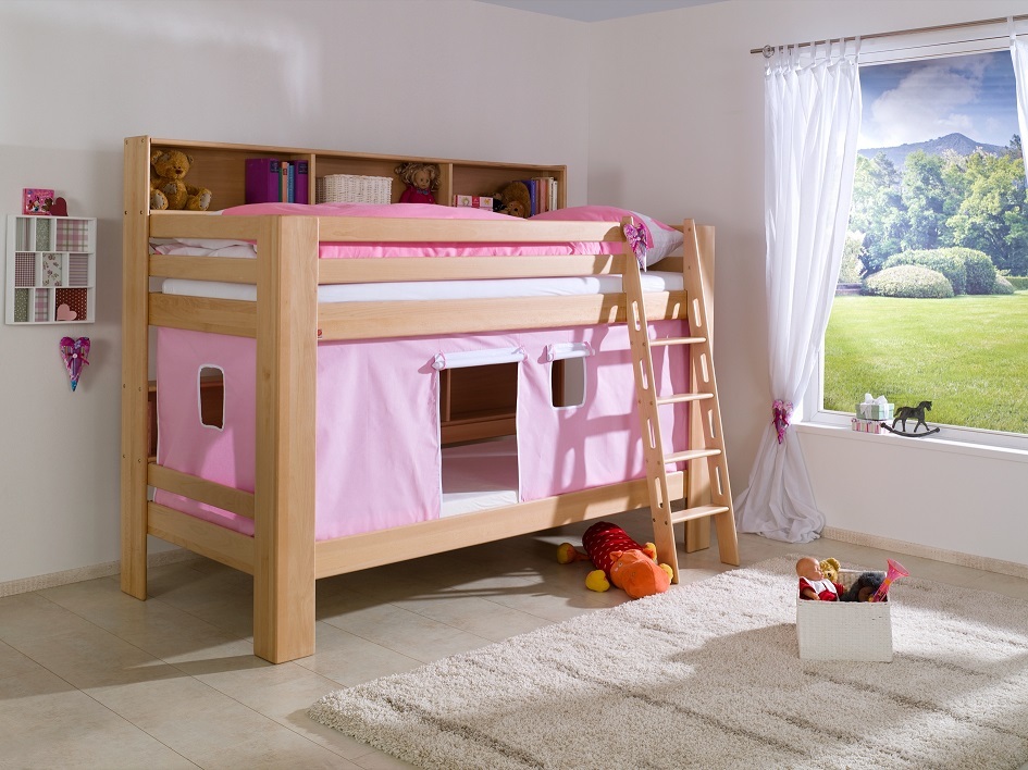 Natur24 Etagenbett Jan Buche Natur lackiert mit Bücherregal 90x200 cm BE3181114-B90+TX5042025