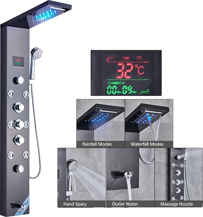 OEM LED-Duschpaneel, thermostatischer Wasserhahn, einstellbare Wasserarten , Schwarz 8009 2370