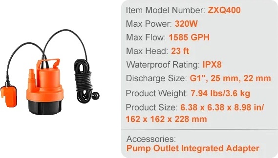 Ponorné čerpadlo, 400W, 2510 GPH, 26 ft maximálna výtlačná hlava ,320W 1585 GPH, EU