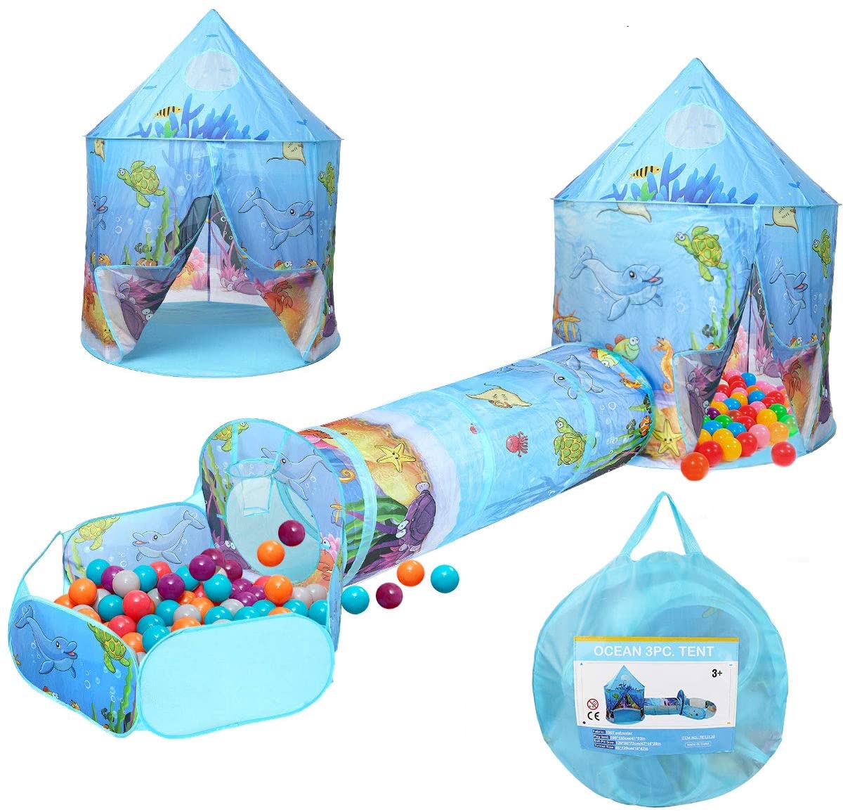 Tipi zelt für kinder 3-Teiliges Spielhaus Spielzelt Tunnel Tasche Burg 200 Bälle 