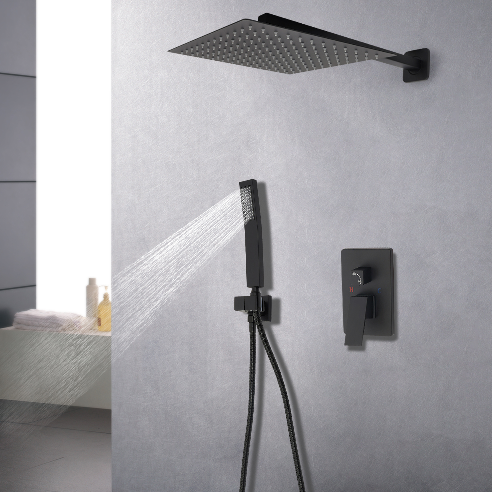 Regenduscharmatur-Set In Mattschwarz – 30,5 Cm Duschkopf Mit Handbrause & Druckausgleichsventil