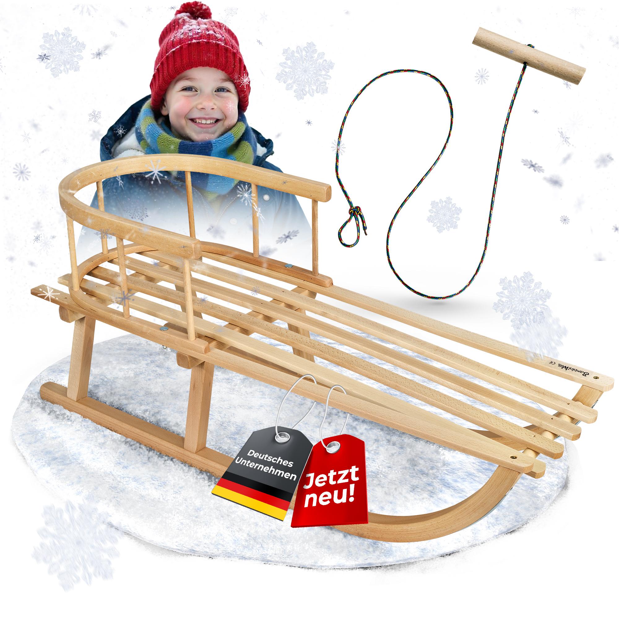 BambiniWelt by Rafael K. BAMBINIWELT CE-Holzschlitten Rodel Kinder Schlitten 90cm mit Zugseil Rückenlehne