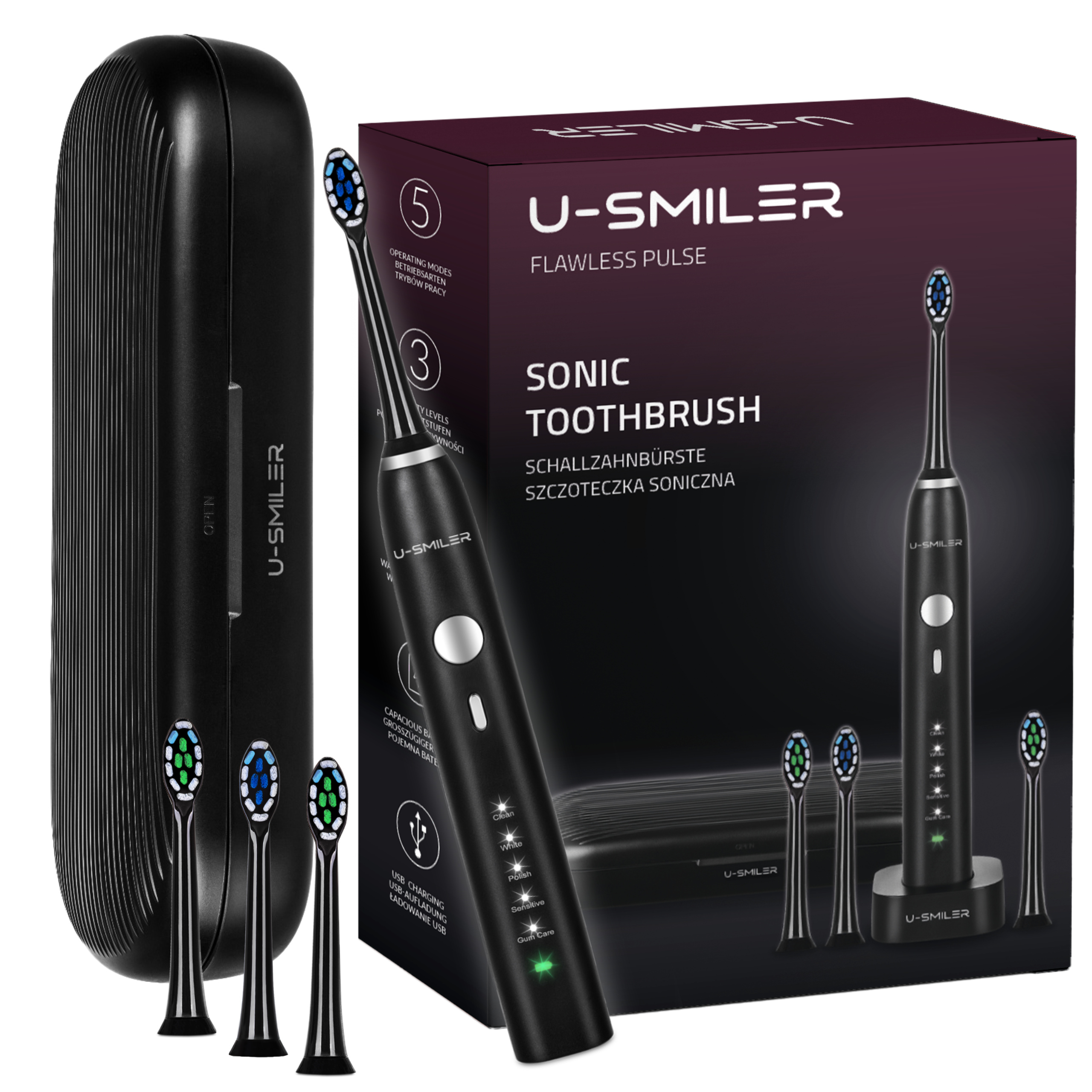 U-SMILER Sonická zubná kefka Sonická elektrická zubná kefka 5 režimov 3 intenzity 4 nástavce Vodotesná IPX8 2000mAh batéria 90 dní prevádzky Cestovné puzdro