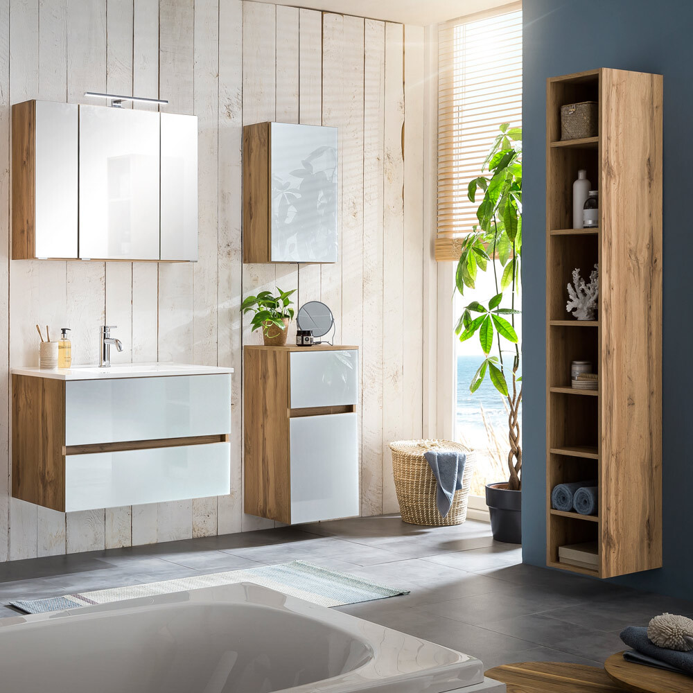 Lomadox Badmöbel Set hängend inkl. Waschbecken HEERLEN-03 in Wotaneiche Nb. mit Glasfronten weiß, B/H/T: ca. 140/200/47 cm LA03-HEERLEN-03-SET7