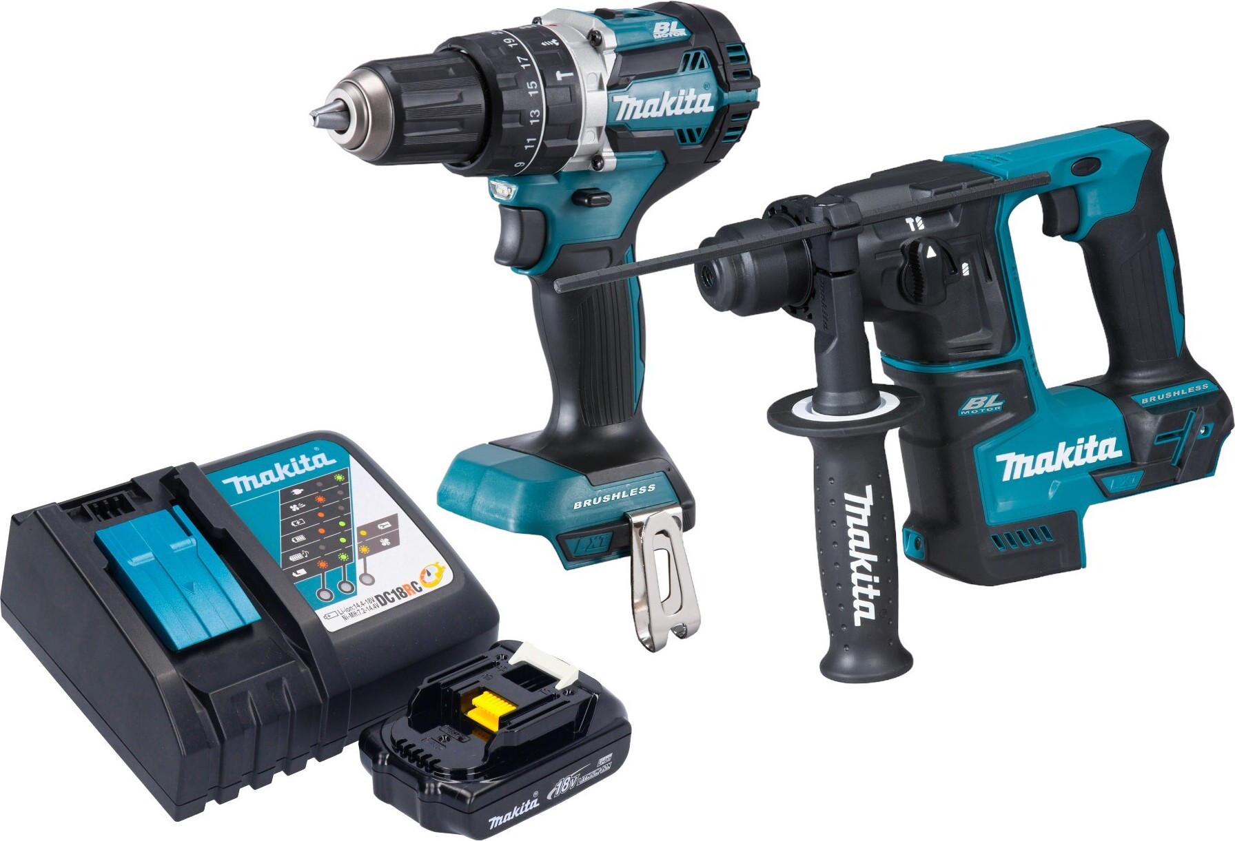 Akumulátorová kombinovaná súprava Makita DLX 2278 RY1 + príklepová vŕtačka DHP 484 54 Nm + vŕtacie kladivo DHR 171 1,2 J + 1x akumulátor 1,5 Ah + nabíjačka