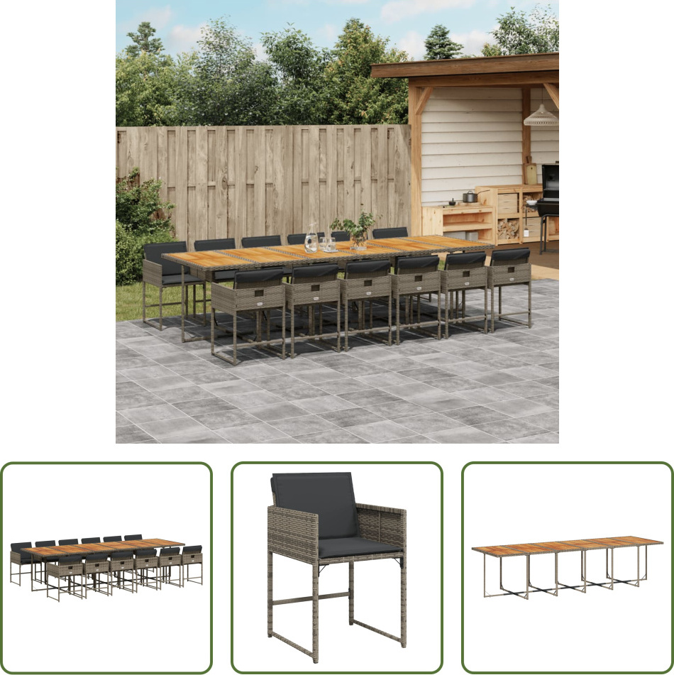 The Living Store 13-dielny záhradný jedálenský set s vankúšmi sivý polyratan