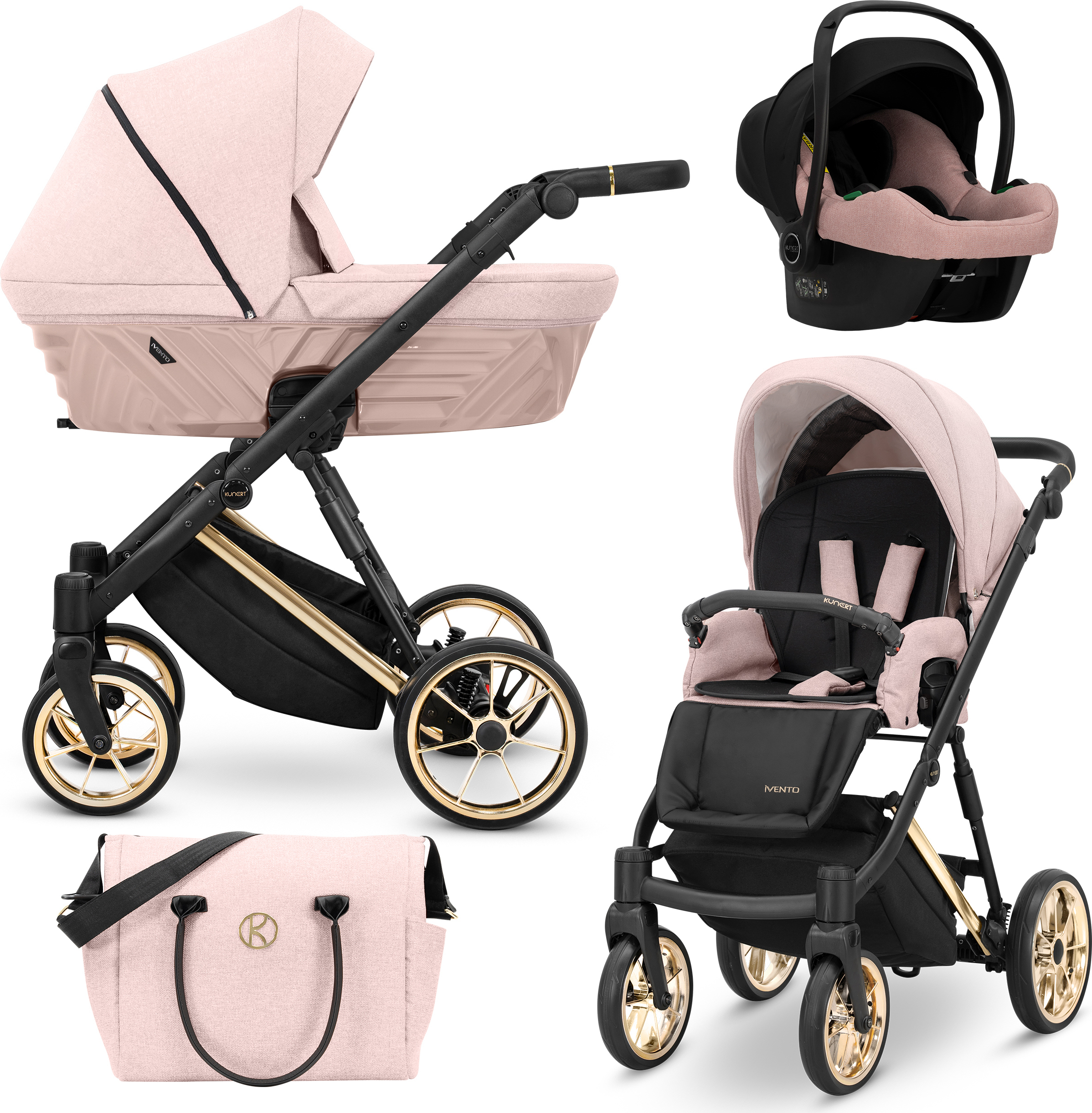 Kunert Kinderwagen IVENTO Sportwagen Babywagen Babyschale Komplettset Kinder Wagen Autositz Set 3 in 1 (Smoky Pink, Rahmenfarbe: Gold)