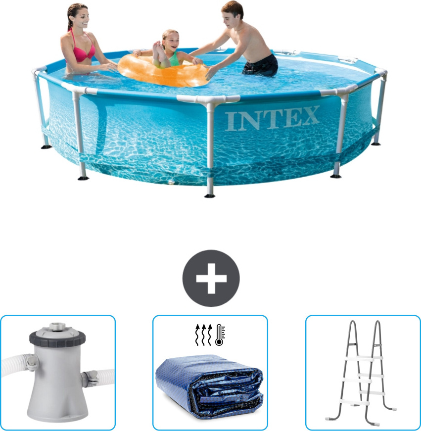 Bazén Intex s okrúhlym rámom - 305 x 76 cm - tlak vody - filtračné čerpadlo pre bazén v cene - slnečná markíza - rebrík