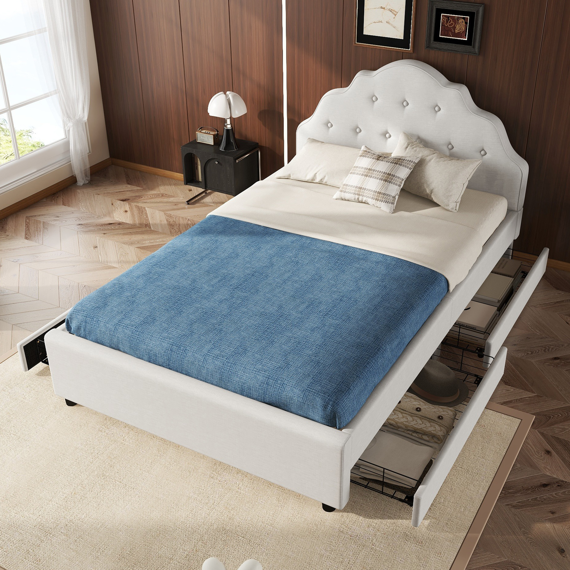 okwish Polsterbett 140x200cm mit Lattenrost, Doppelbett Jugendbett mit 4 Schubladen, (Ohne Matratze), Beige