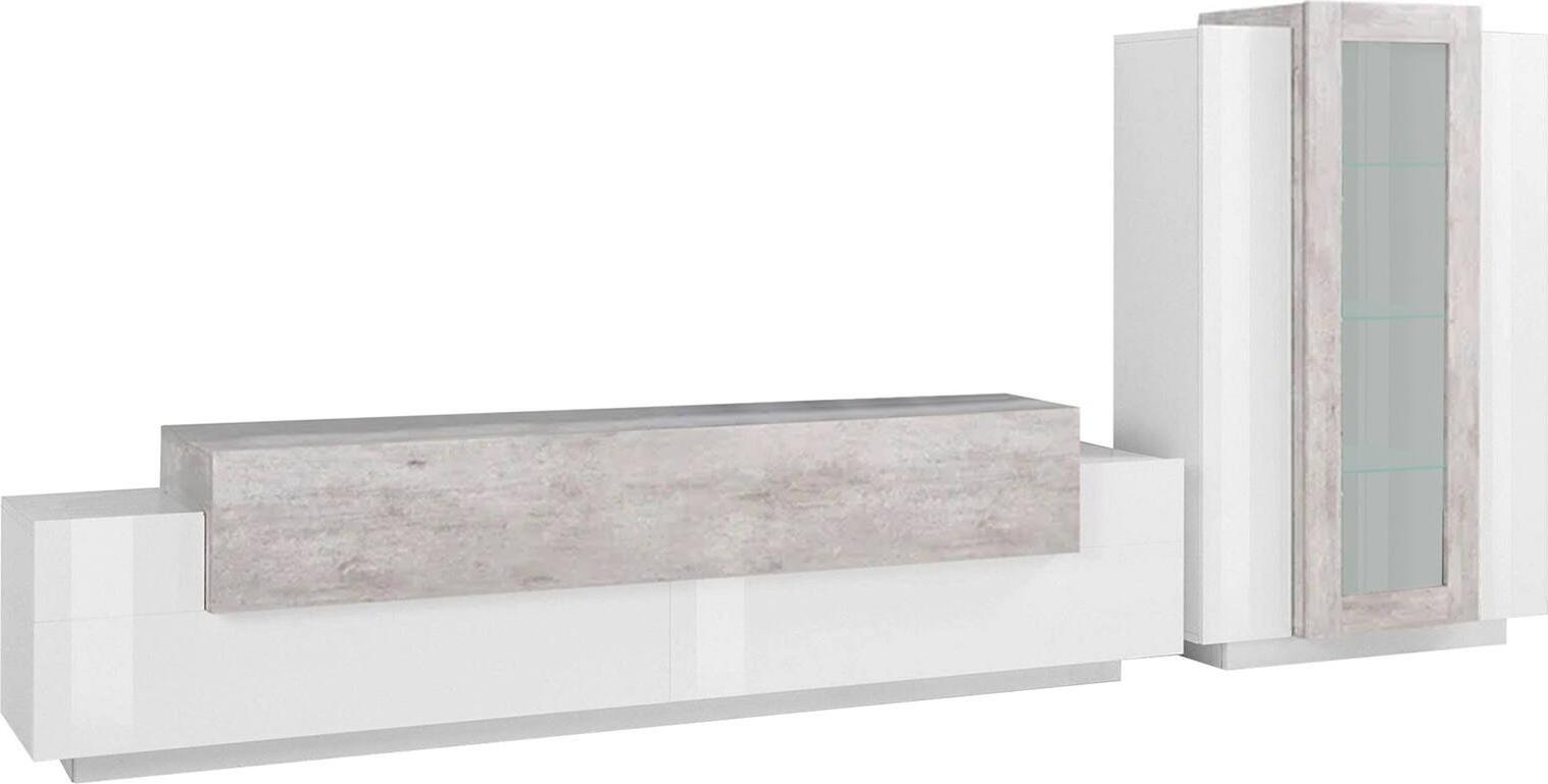 Dmora Wohnzimmermöbel Mirko, TV-Ständer Wohnzimmer-Set, Mehrzweck-Wohnzimmermöbel, 100% Italy, cm 280x45h121, glänzend weiß und Zement