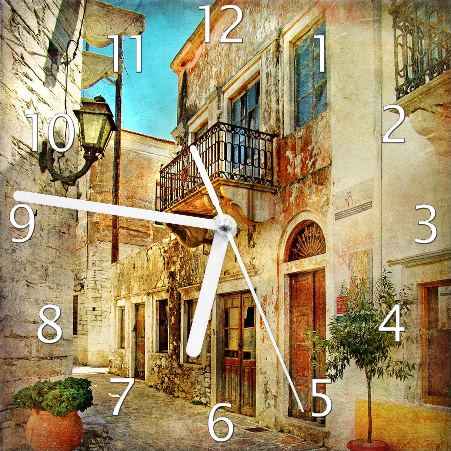 Wallario Design Wanduhr Gasse im Süden, Urlaub in Griechenland aus Echtglas, Größe 20 x 20 cm guk0146-2020