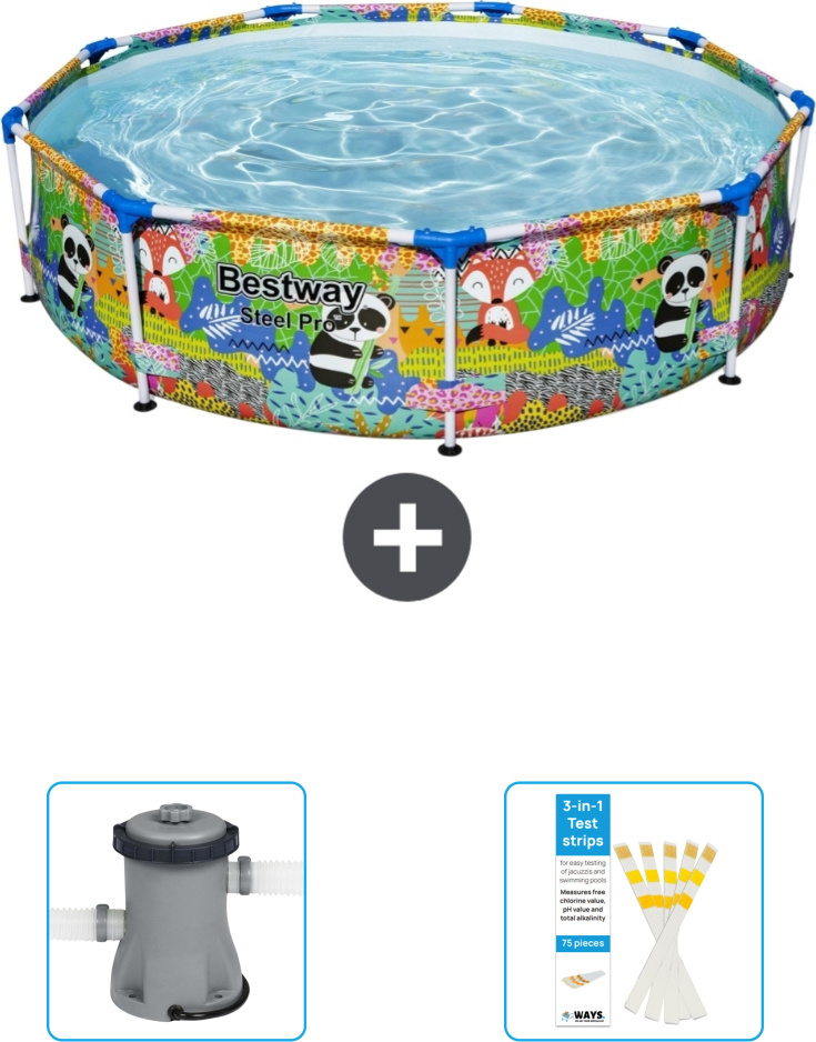 Okrúhly bazén Bestway Steel Pro - 274 x 66 cm - potlač zvierat - vrátane čerpadla - testovacie prúžky