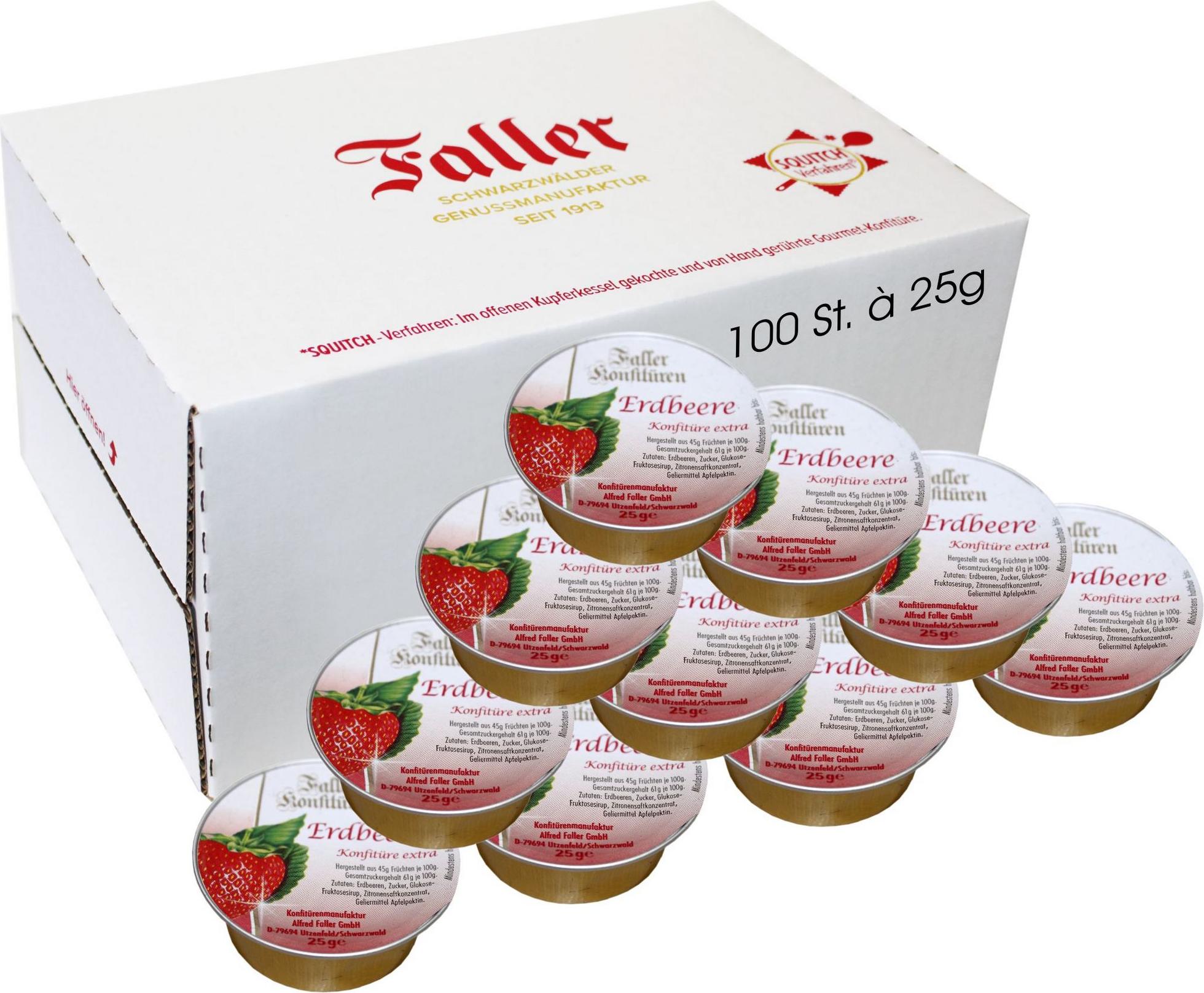 100x FALLER Erdbeer-Konfitüre (feine Marmelade, je Portionsbecher 25 g)